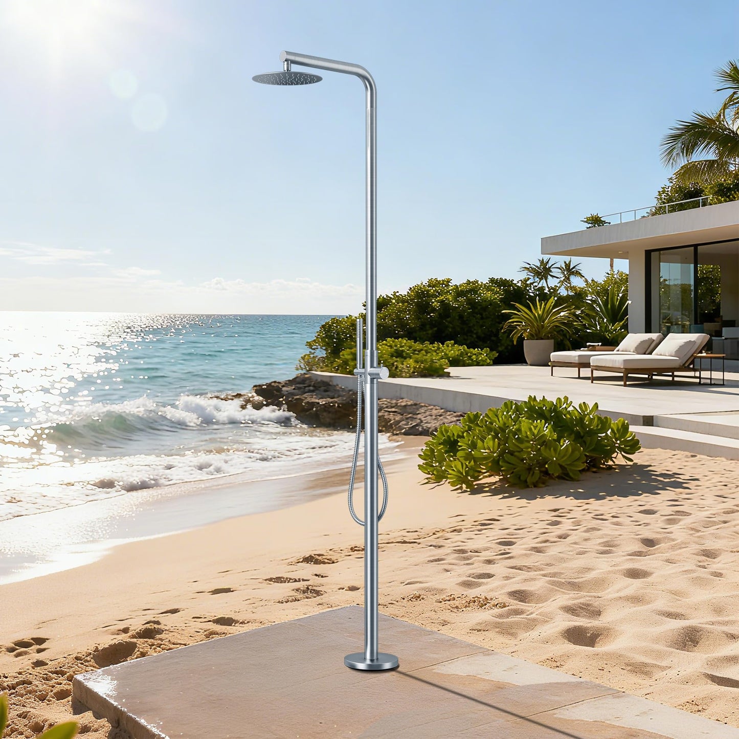RBROHANT Freestanding Outdoor Shower, 316 Marine Grade Stainless Steel Beach Shower, Free Standing Hot and Cold Water Pool Shower with 10’’ Rain Shower Head and Handheld, Brushed Nickel, Floor Mounted