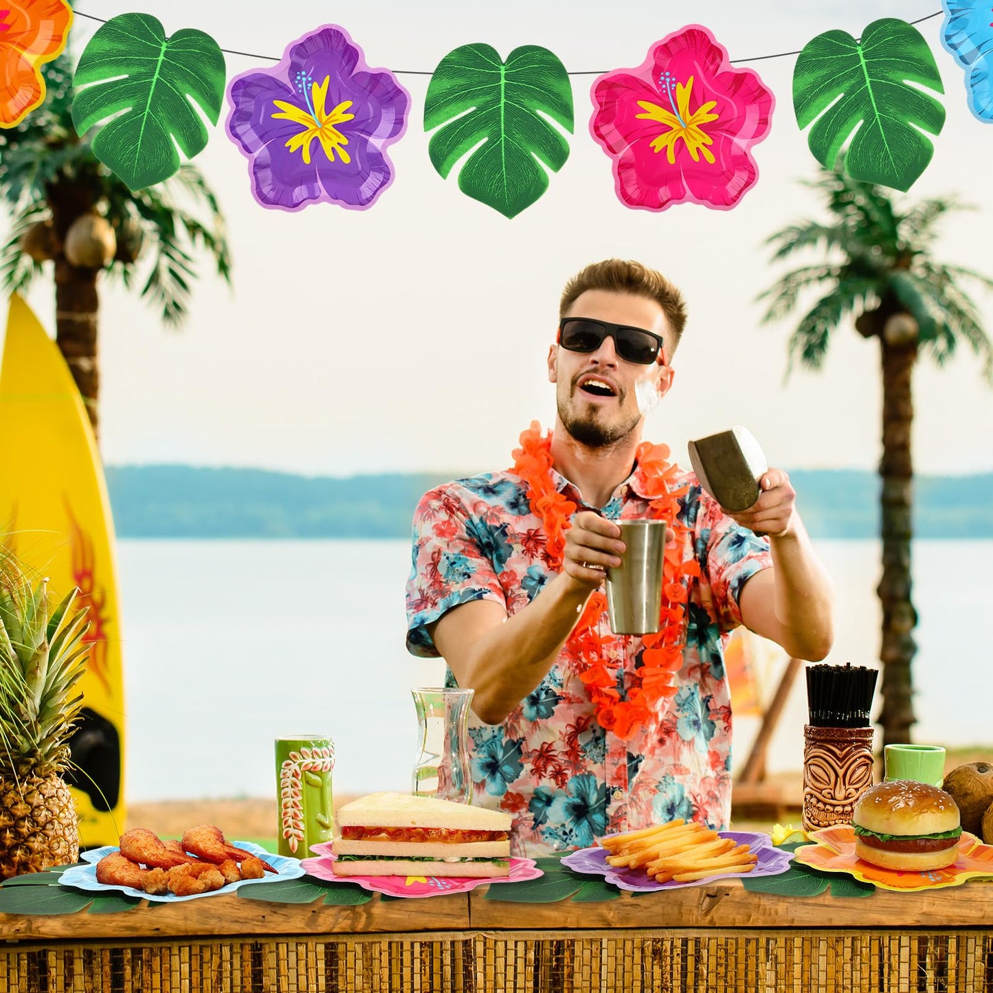Motipuns 200 Pcs 9.05" Hibiscus Floral Paper Plates Bulk and Artificial Palm Leaves Luau Hibiscus Flowers Disposable Paper Plate Tropical Leaf Placemat Summer Hawaiian Safari Party Supplies Decoration