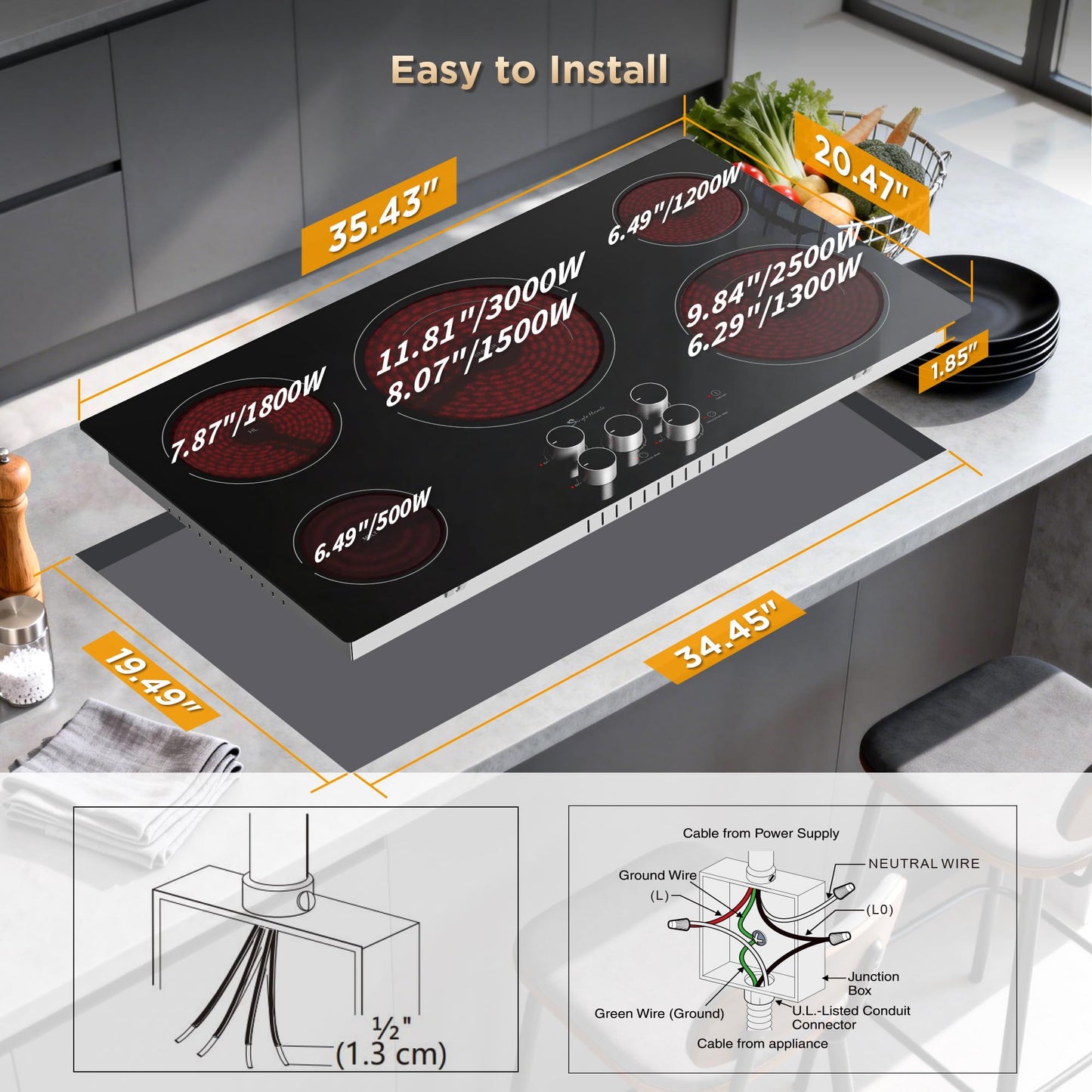 36 Inch Electric Cooktop 5 Burners, Electric Stove Top with Knob Control, Built-in Ceramic Stove, Fast Heat, 9 Heating Level, 9000W with Hard Wire for 220V~240V