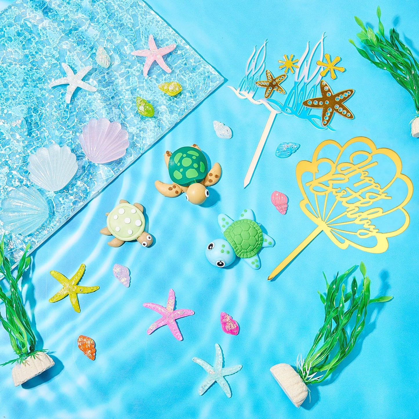 Taiyin 28 Pieces Under the Sea Cake Decorations Turtle Birthday Decoration Turtle Cake Topper Seashell Topper ocean Conch Seashells Decorations for Under the Sea Themed Birthday Party Supplies