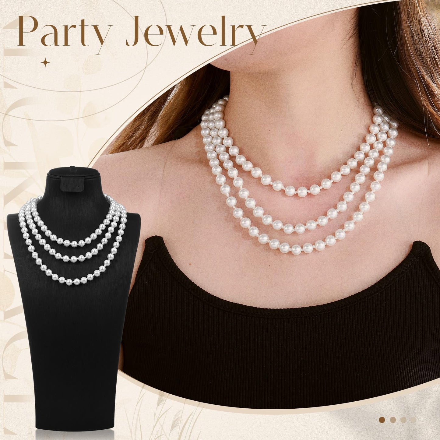Aurelema 2 Pack Long Pearl Necklace for Women 1920s Costume Party Jewelry Faux Pearls Strand Beads for Ladies(60 Inches,8 mm,Classic,Cream White)