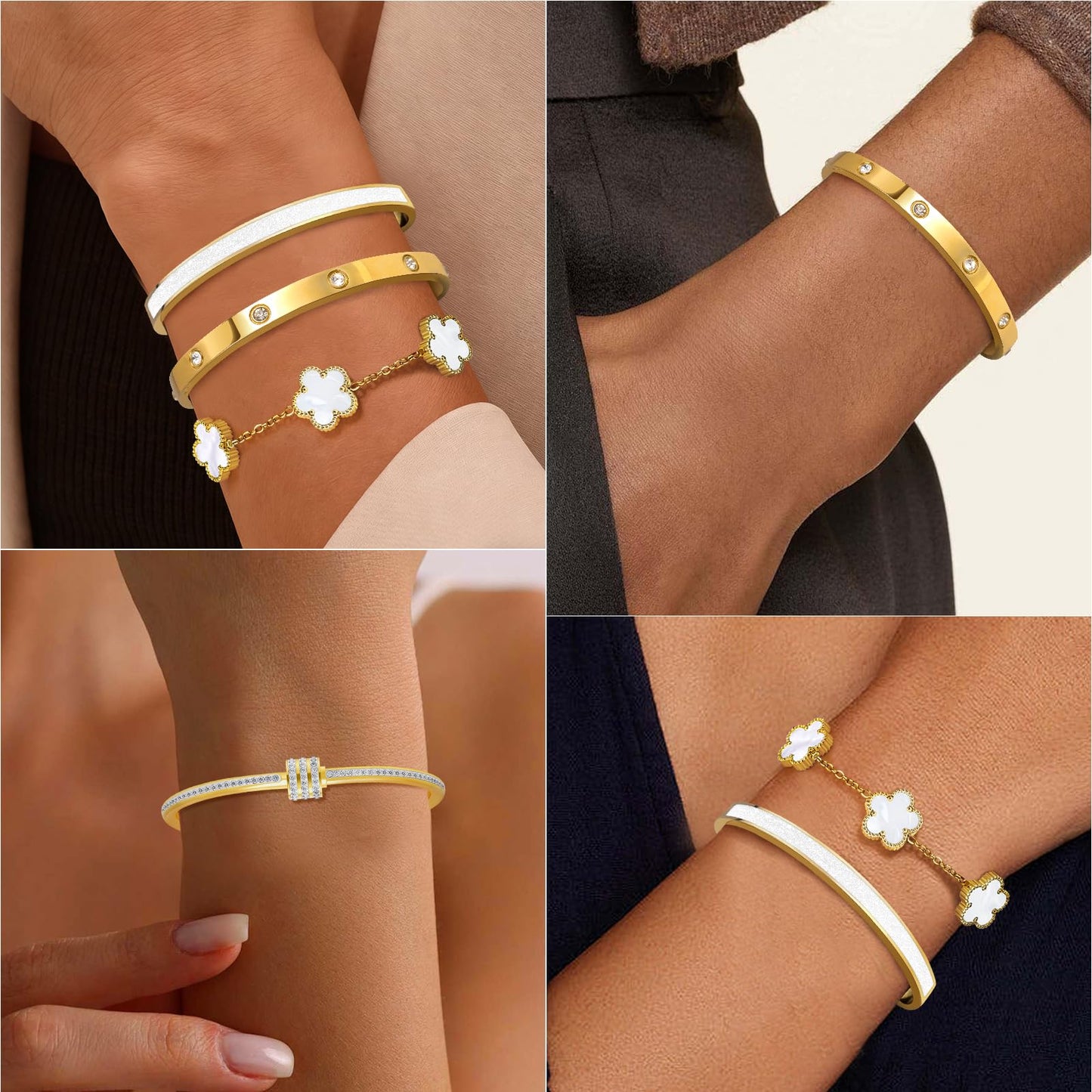 MOINSPIRE 18K Gold Plated Bracelets for Women, Stainless Steel Four Leaf Clover Tennis Nail Love Bangle Bracelets Set, Trendy Stackable Twist Cuff Bracelet Non Tarnish Jewelry Gifts for Christmas