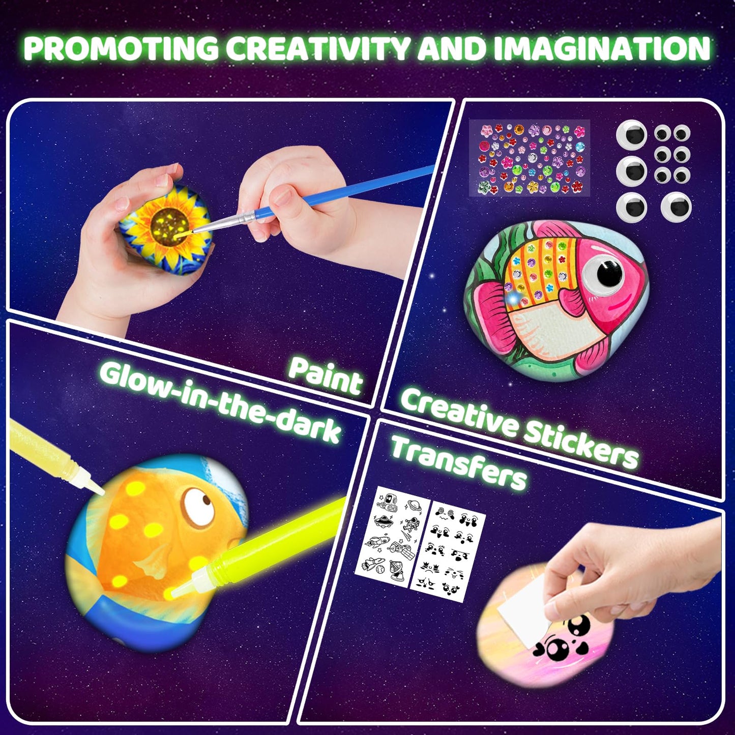 MindPal Kids Rock Painting Kit, 14 Pebbles for Painting - Glow in The Dark Rock Kit - Arts and Crafts for Kids Ages 6-12, Birthday Christmas Gift for Boys and Girls
