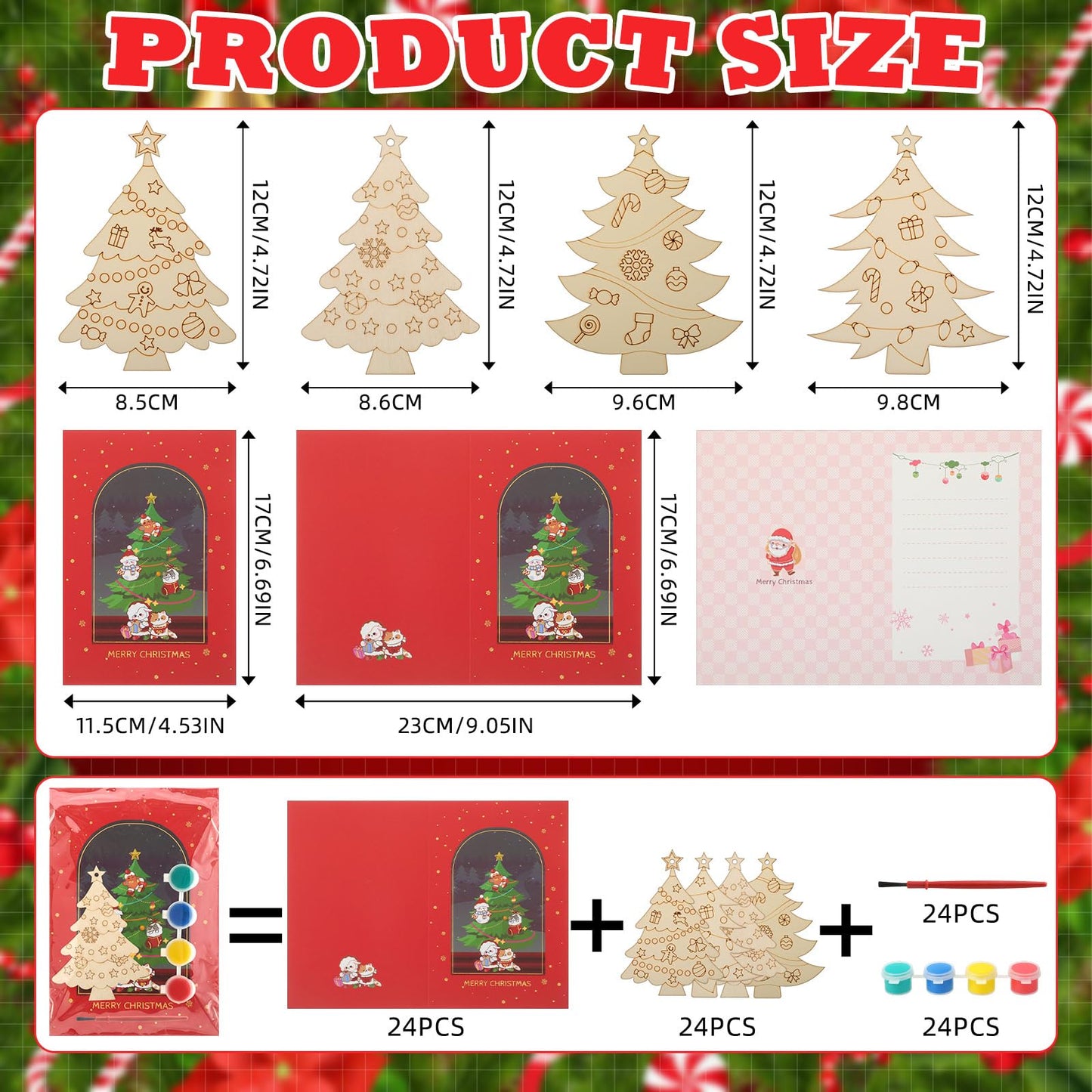 Blueweenly 24 Sets Christmas Craft Painting Kits for Kid DIY Wooden Christmas Tree Ornaments with Greeting Cards to Paint Cutouts Crafts Decorations Art Craft for Classroom Holiday Activities Party