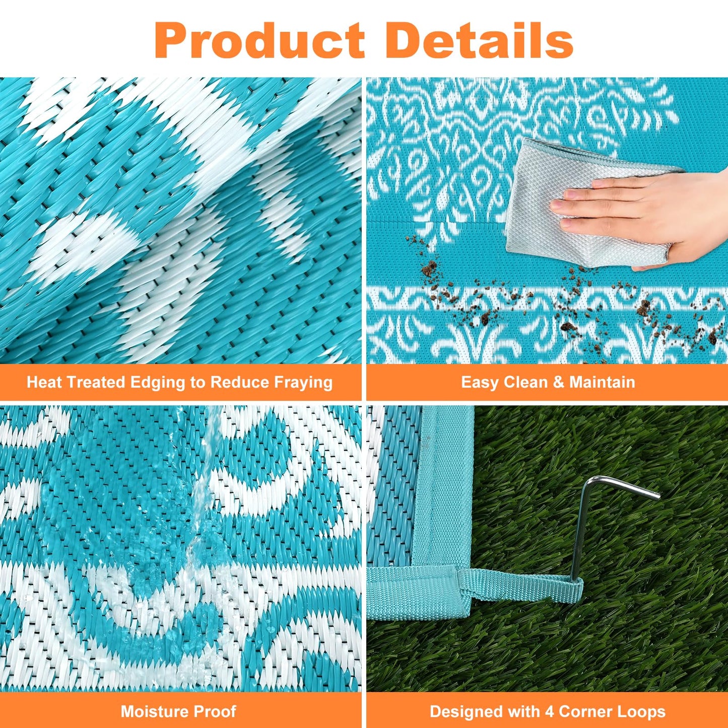 Outdoor Rug 5x8 Ft, Waterproof Plastic Straw Patio Rug, Reversible Backyard Carpet UV Resistant Portable RV Mat Clearance, Large Indoor Outdoor Rug for Patio, Porch, Deck, Balcony, Teal