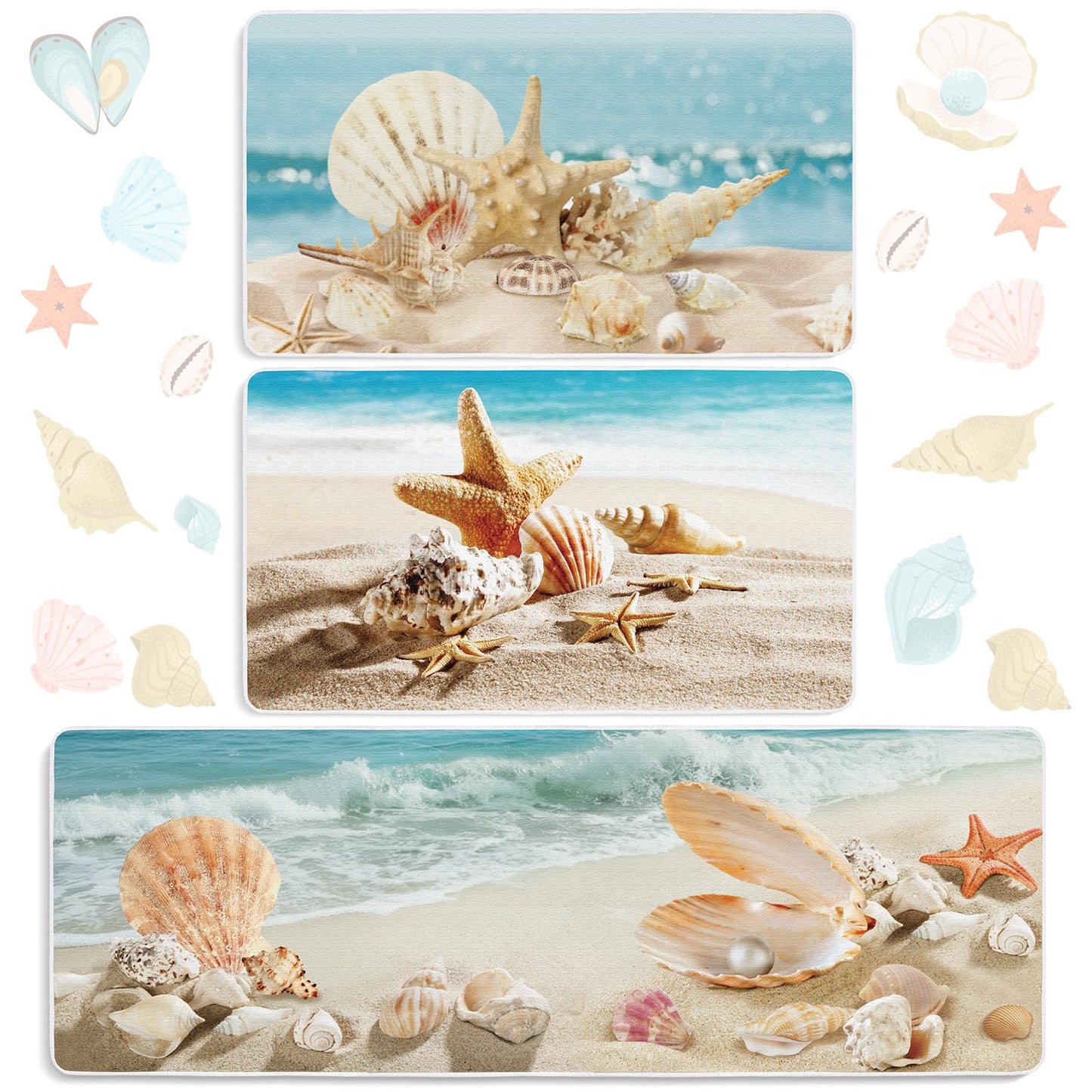 Drydiet 3 Pcs Beach Theme Kitchen Rugs and Mats Set Sea Ocean Non Slip Area Rug Coastal Starfish Shell Waterproof Floor Mat for Summer Kitchen Hallway Home Door Party Decor, 17 x 29 and 17 x 47 Inch