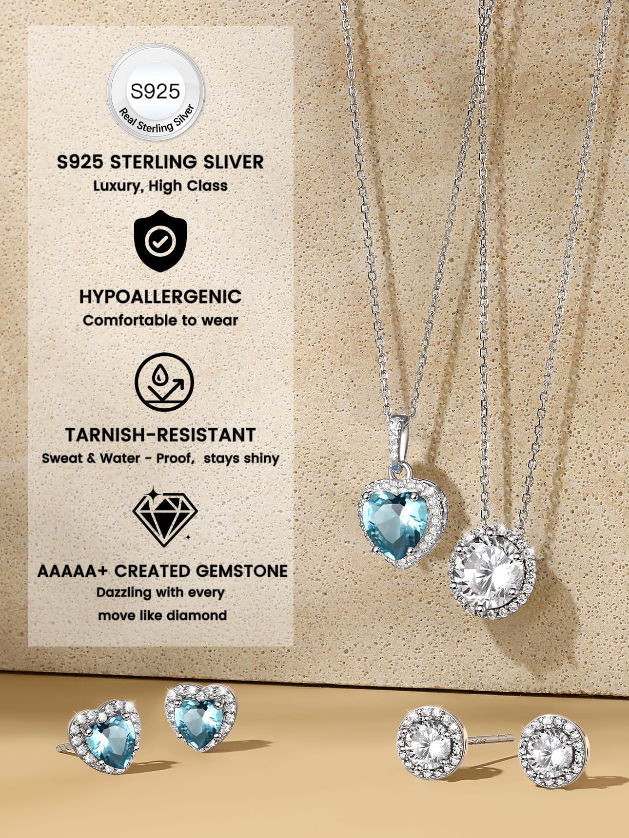 Bestyle 925 Sterling Silver Love Heart Cubic Zirconia Earrings March Aquamarine Birthstone Stud Earrings for Women, Hypoallergenic Earrings for Sensitive Ears