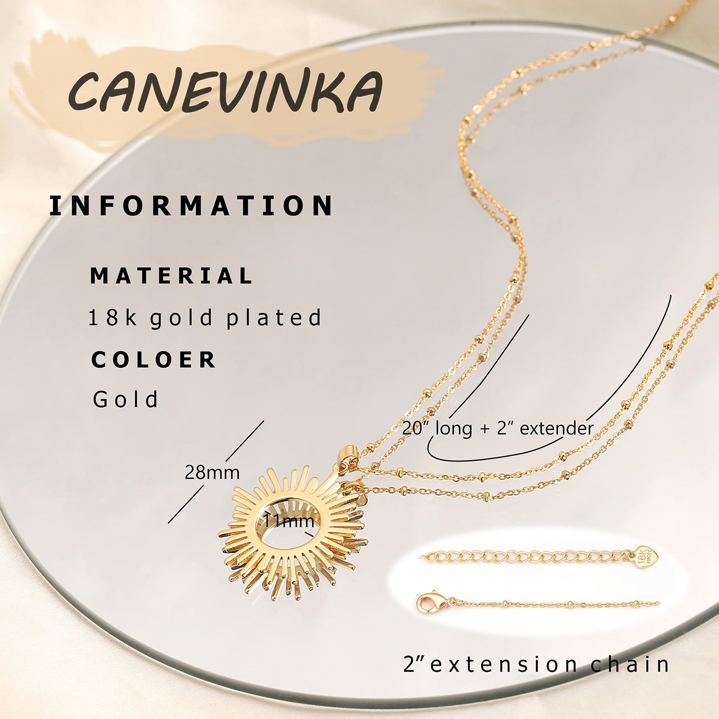 CANEVINKA 18k Gold Plated Flat High Polish Sun Hoop Pendant Beads Station Necklace Flake Gold Sunshine Pendant Satellite Chain Necklace for Women