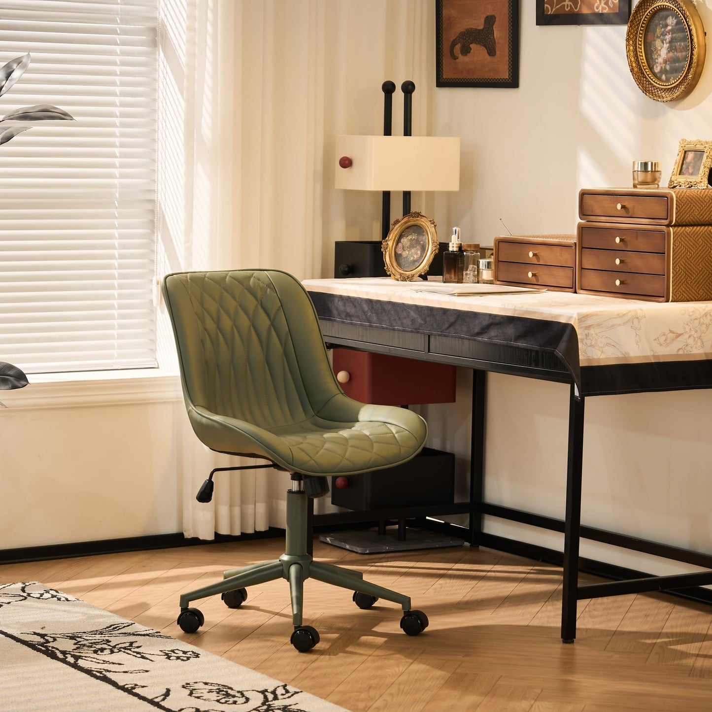YOUNIKE Home Office Desk Chair with Wheels Armless Vanity Chair with Back Comfy Modern Leather Upholstered Rolling Task Chair Swivel Small Cute No Arms Wide Adjustable Ergonomic All Green