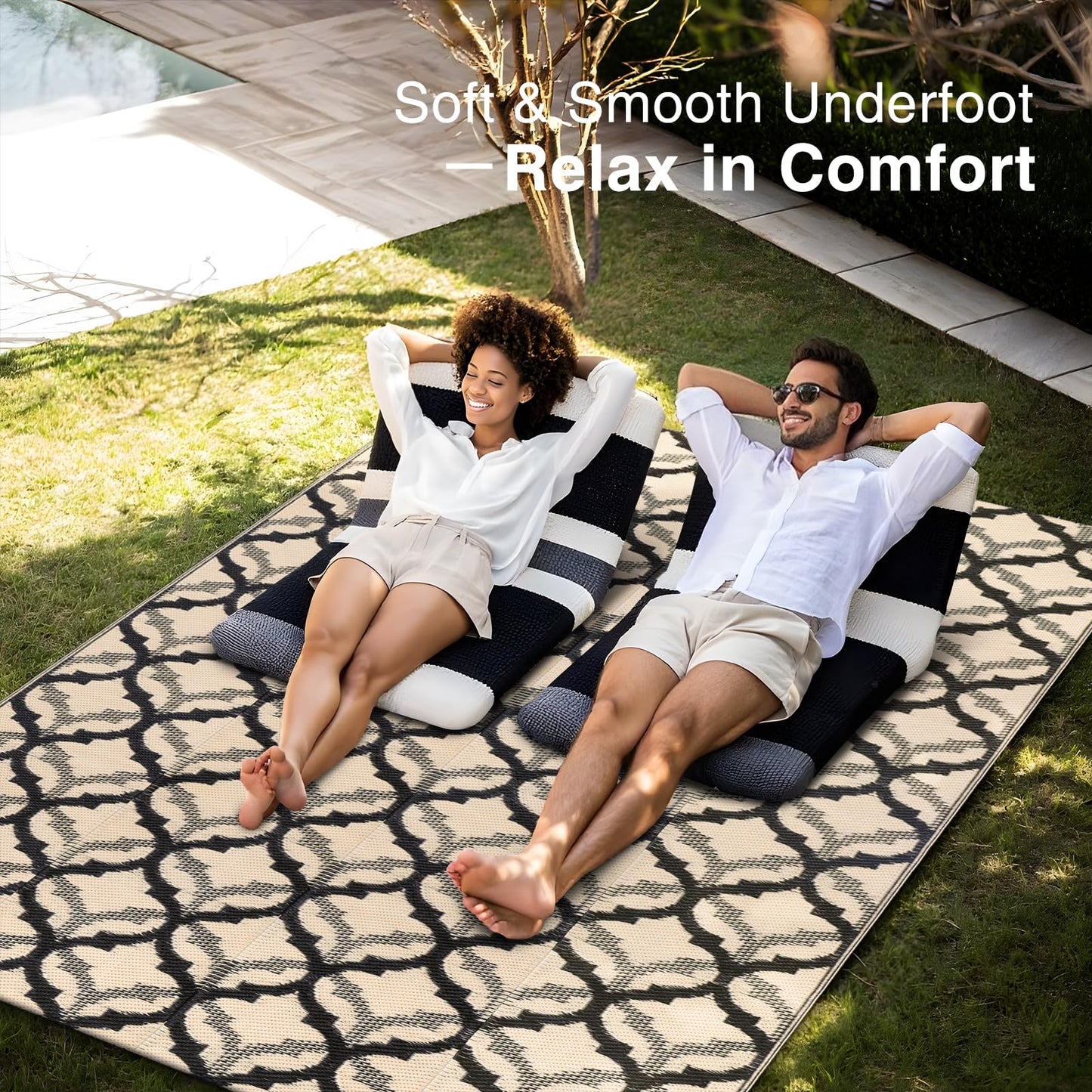 OLANLY Reversible Outdoor Rug 5x8 ft Clearance, Waterproof Outdoor Plastic Straw Rug with Interlacing Pattern, RV Mat for Patio, Camping, Balcony, Deck, Backyard, Black & Beige