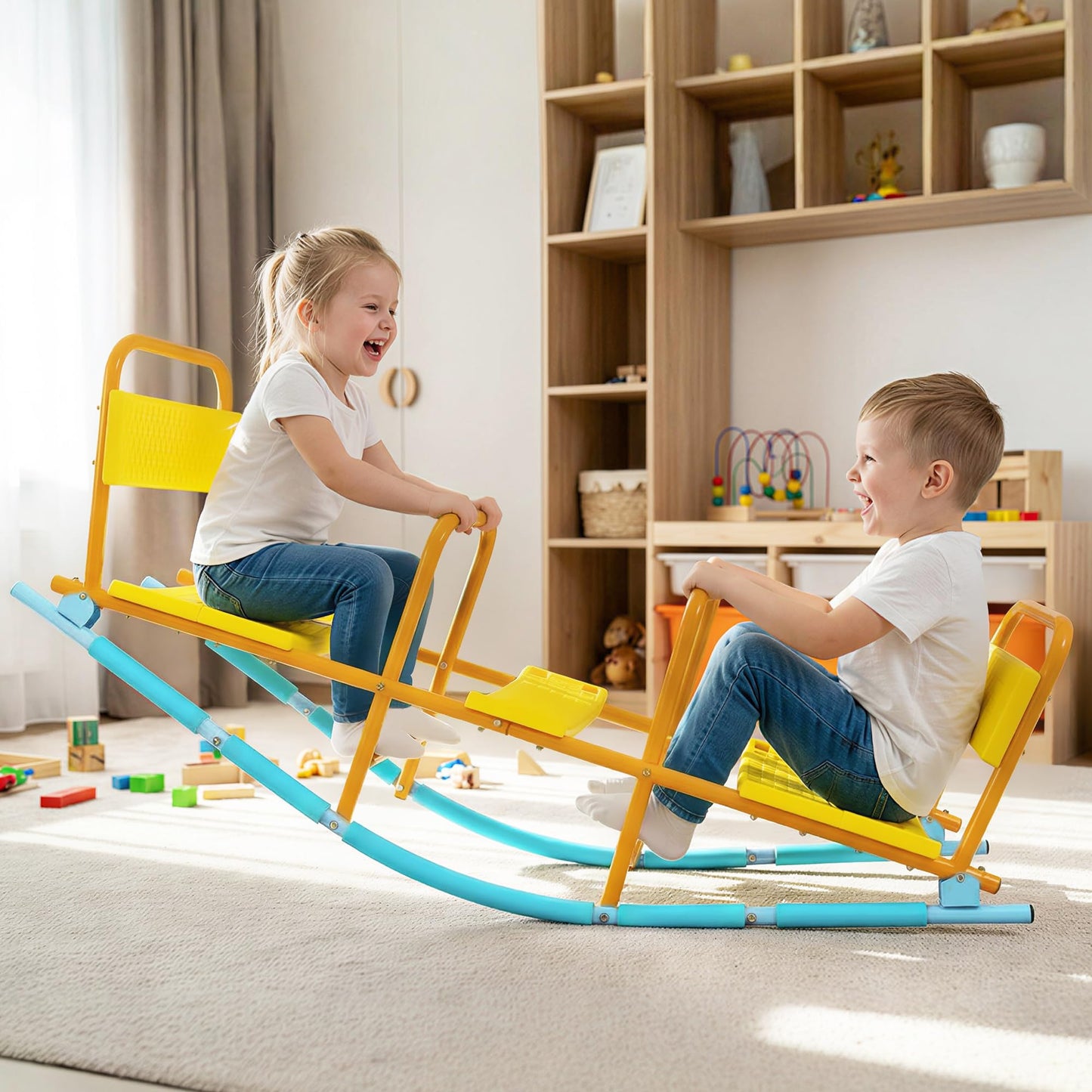 Qaba Teeter Totter Seesaw for Kids, 2 in 1 Metal Rocking Seesaw for Toddlers Age 3-8, 2 Seater Playground Equipment with Easy-Grip Handles for Backyard Indoor Outdoor, Yellow