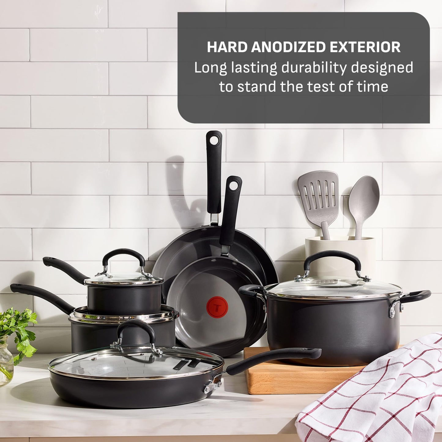 T-Fal Ultimate Hard Anodized 12-Piece Ceramic Nonstick Cookware Set, Oven Safe Up to 400°F, Ceramic Pots and Pans Set, Frying Pans, Saucepan, Stockpot, Cooking Utensils, Grey