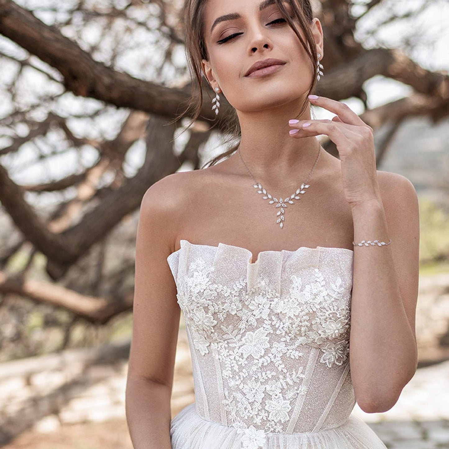EVER FAITH Wedding Cubic Zirconia Jewelry Sets for Bride Bridesmaid, Sparkly Marquise Leaf Necklace Dangle Earrings Bracelet Set for Woman Clear Silver-Plated-Brass