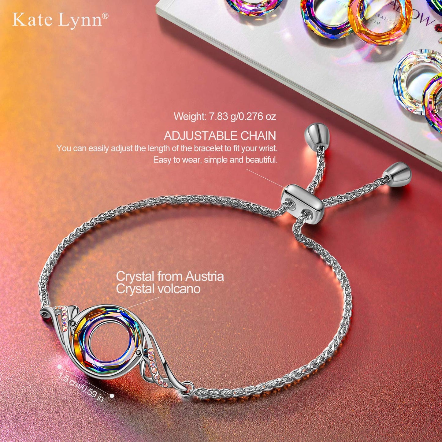 Kate Lynn Slider Bracelets for Women Crystal Bracelet Jewelry Birthday Gifts for Women Wife Christmas Mothers Day Gifts for Mom Daughter Girlfriend Lady Valentines Day Anniversary Jewelry for Her