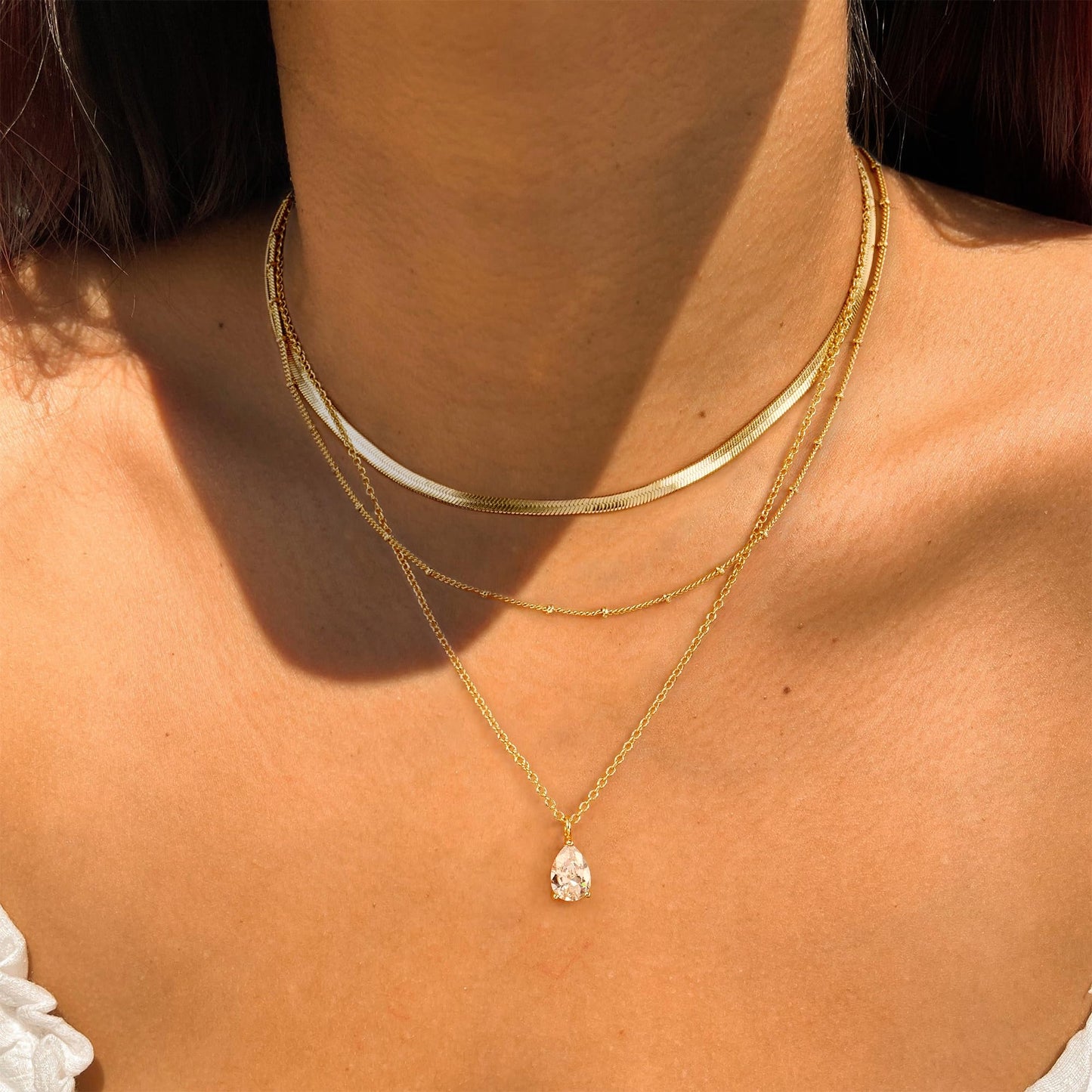 YOIHUR Layered Gold Necklaces for Women, 14K Gold Plated Beading Snake Chian Trendy Layering Water Drop Zircon Pendant Necklace Set Jewelry for Women