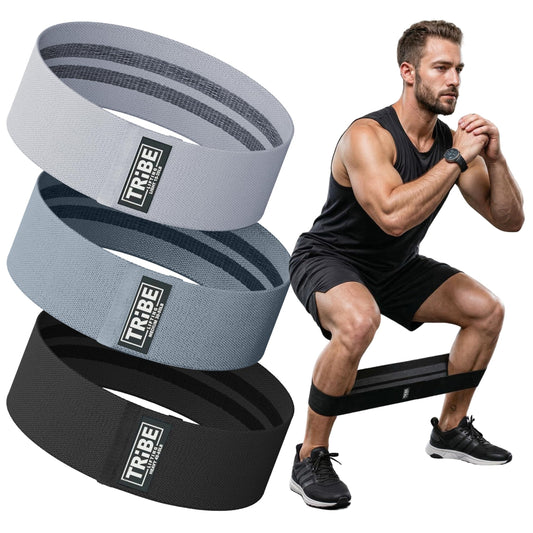 Tribe Lifting Resistance Bands for Working Out - 3 Pack Fabric Workout Bands for Women and Men - Booty Bands for Legs and Glute - Non Slip Exercise Bands Set for Squat Hip Thigh (Gray)
