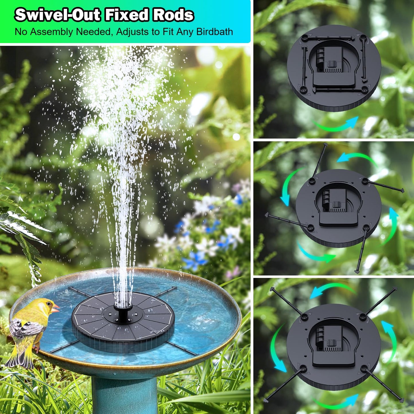 SZMP 3.5W Glass Solar Fountain with Swivel-Out Fixed Rods, Solar Bird Bath Fountains with LED Lights and 2000mAh Battery, 7 Nozzles, Outdoor Solar Water Fountain Pump for Garden, Pool, Pond (Black)