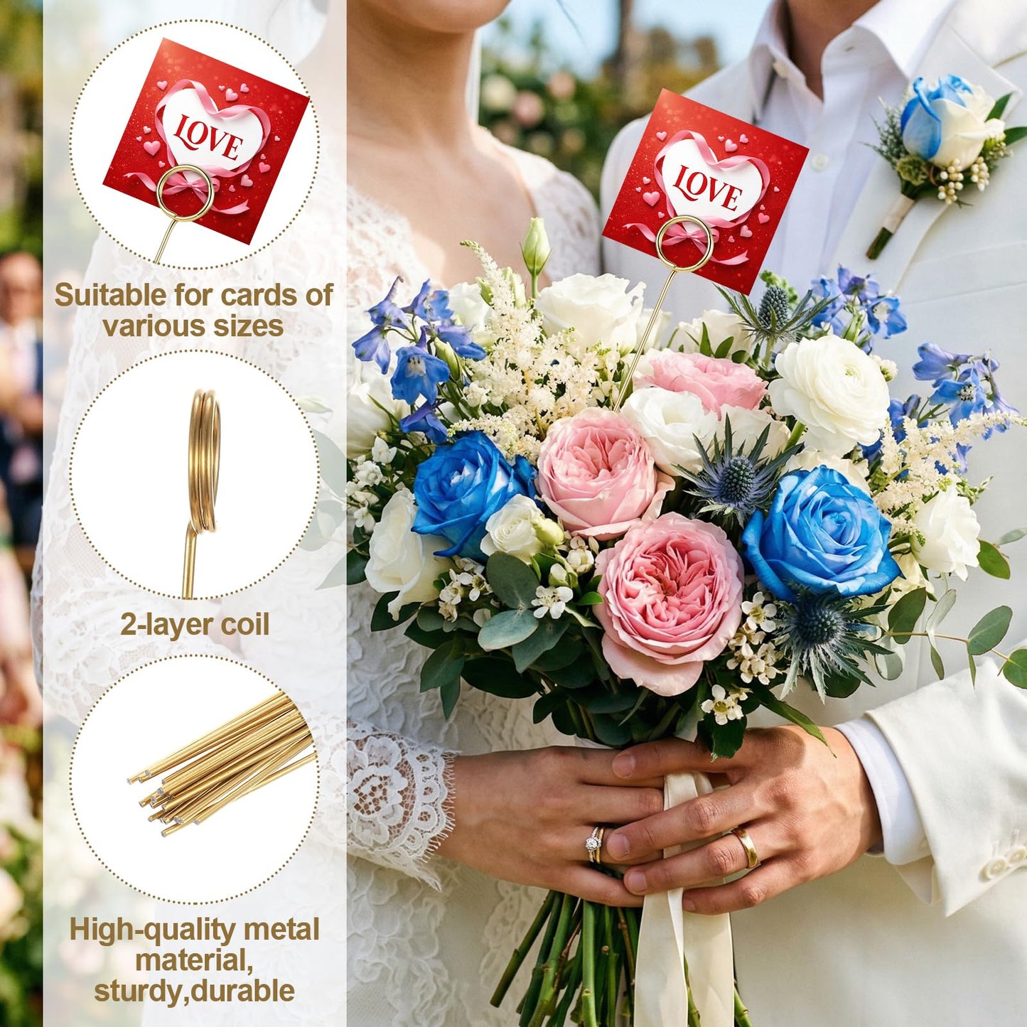 Oqqlin 100 Pcs Floral Card Holder Picks Bulk, 12 Inch Metal Wire Flower Place Card Sticks Round Picture Memo Clip Holder for Wedding, Party, Birthday, Baby Shower Supplies