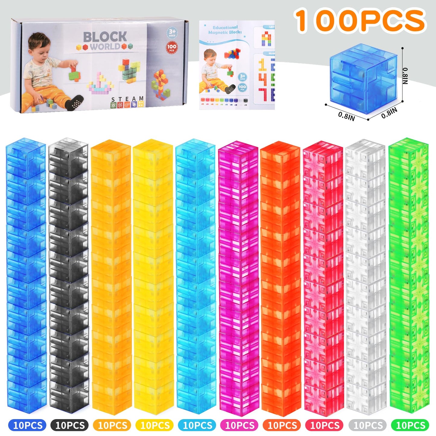 BananMelonBM 100 PCS Magnetic Blocks - Transparent Rainbow Magnetic Cubes Building Toys for Kids Ages 1-3 2-4 4-8, STEM Learning Preschool Educational Sensory Magnet Toys for Boys Girls