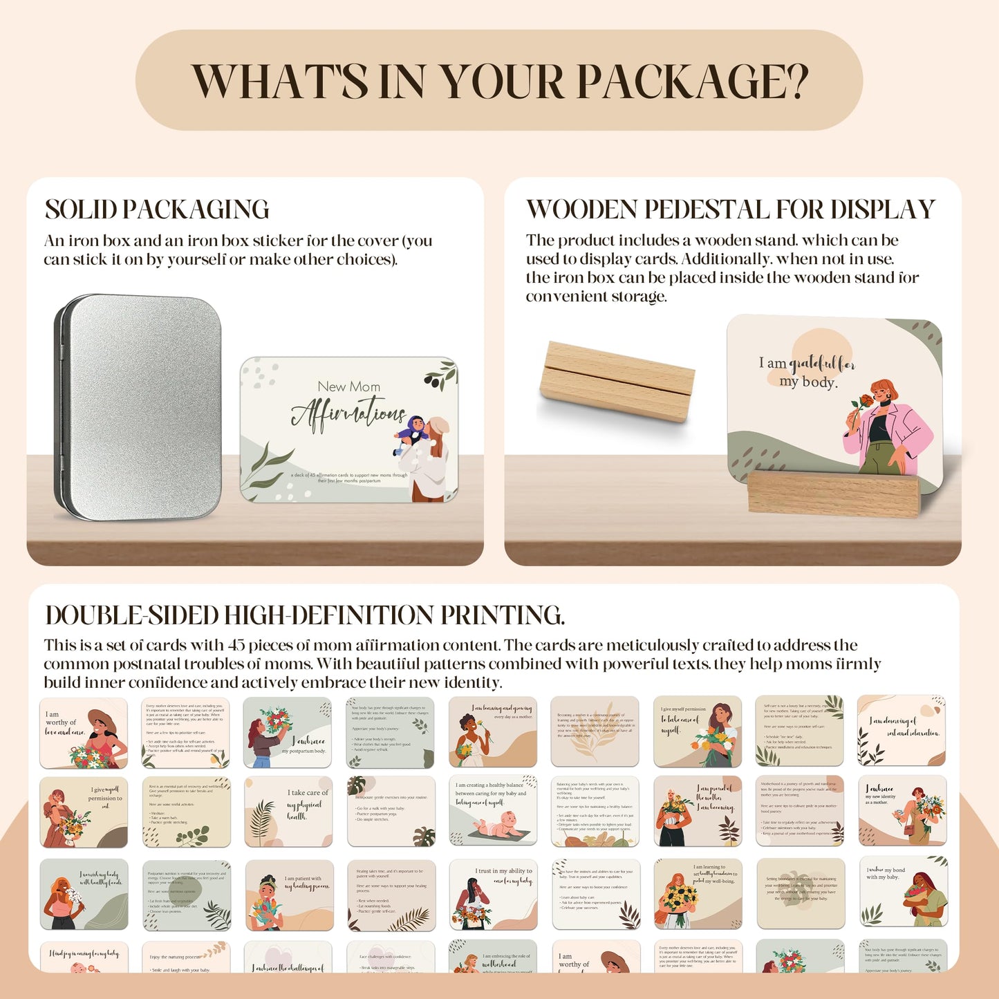 45 PCS New Mom Affirmation Cards for Postpartum - Mothers Day Gifts - New Mom Essentials Gifts with Empowering Messages - Postpartum Affirmation Cards with Wooden Stand & Metal Box for Mothers Day