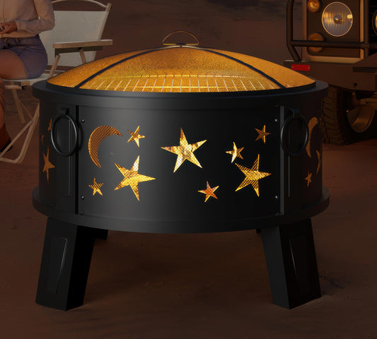Kingson 26" Outdoor Fire Pit with Grill & Mesh Cover, Wood Burning Steel Firepit with Poker & Star Spark Screen, Heavy Duty Patio Fire Bowl for Backyard, Camping & Garden