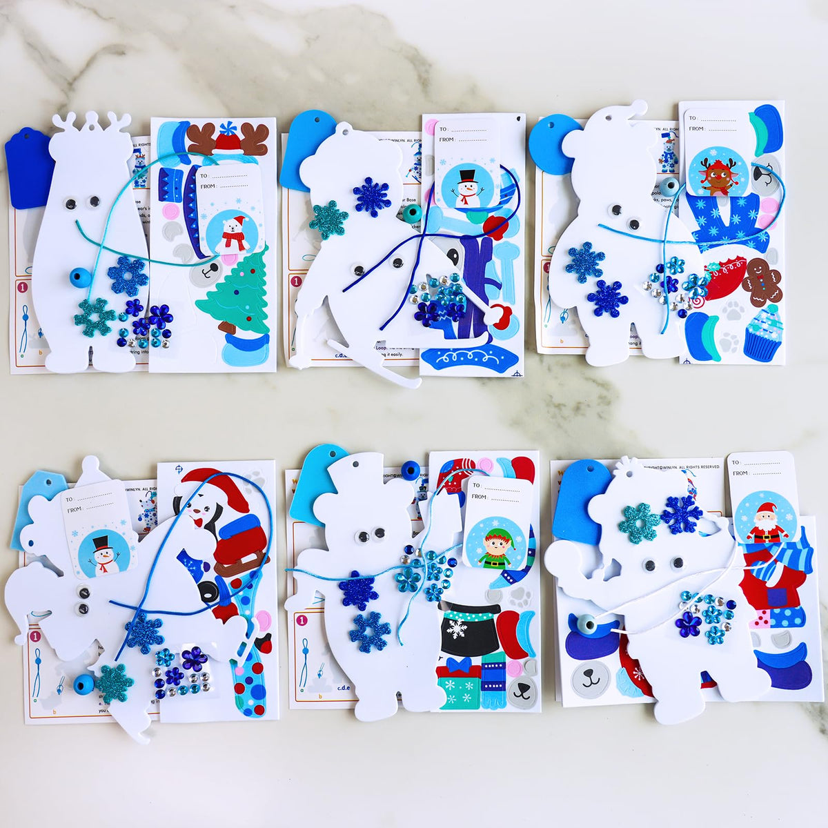 Winlyn 24 Sets Winter Decorations DIY Polar Bear Ornaments Christmas Craft Kits Foam Polar Bear with Snowflake Foam Stickers for Kids Holiday Seasonal Gift Home Classroom Activities Party Favors