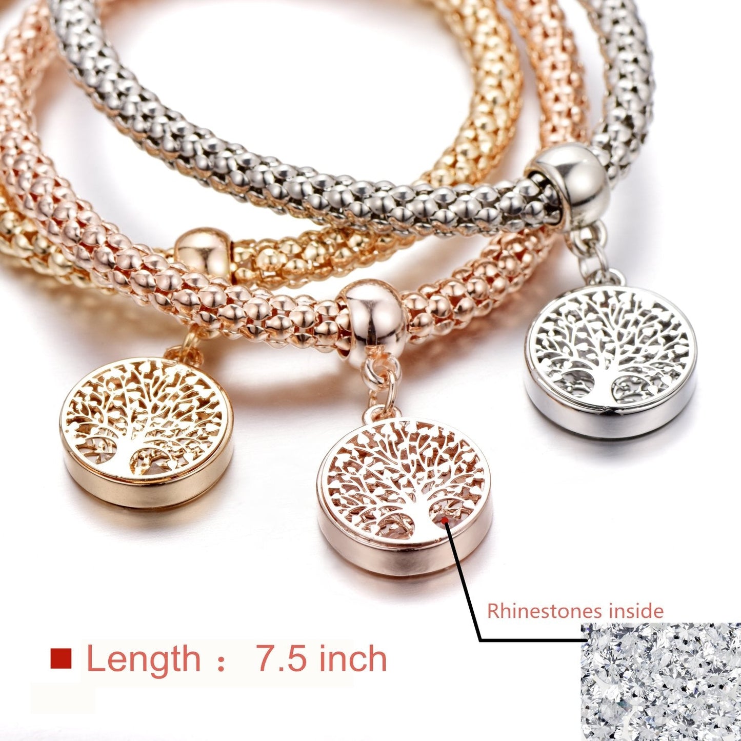 SILANER Crystal Charms Multilayer Bracelets - 3PCS Gold/Silver/Rose Gold Corn Chain Bracelet for Women, Tree of Life Heart Shaped Stretch Bracelet(Tree of Life Round Charm)