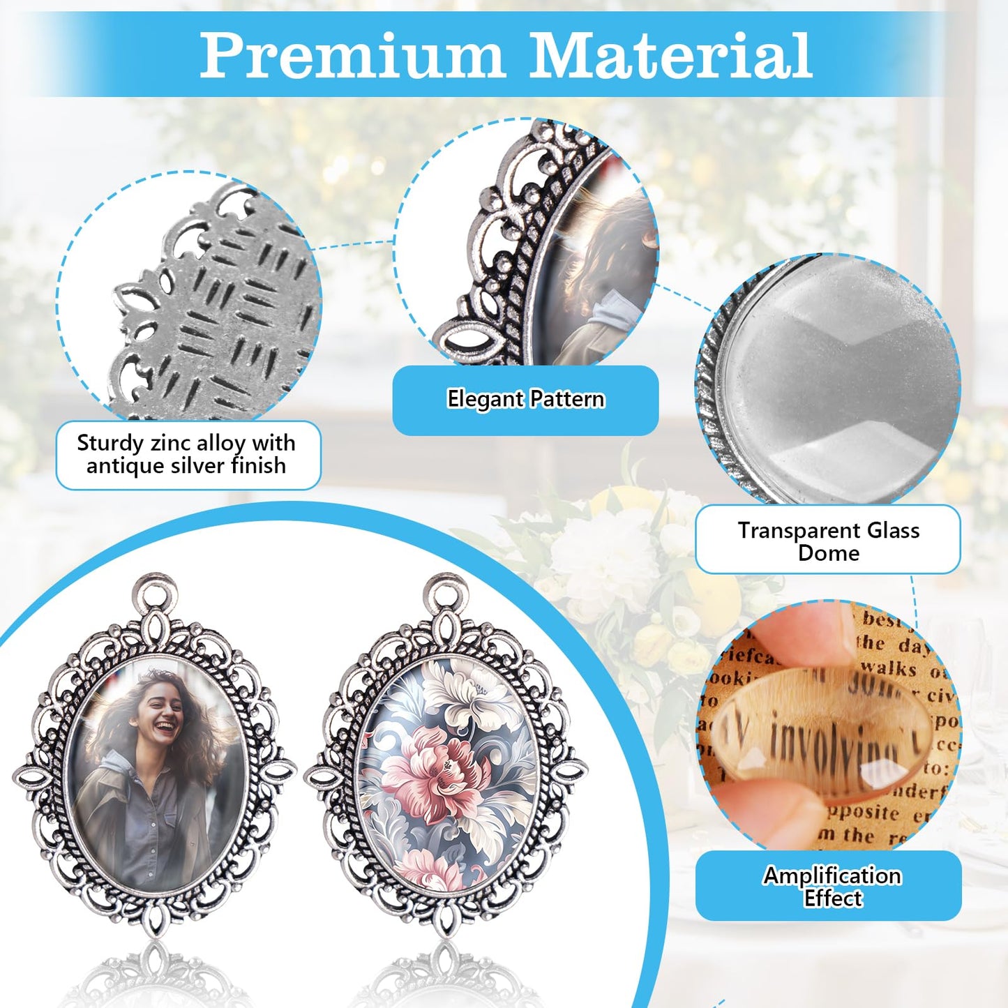 Hilltian 100 Pcs Bezel Pendant Blanks Settings, 50 Oval Pendant Trays Photo Charms with 50 Clear Glass Cabochon for Jewelry Making, DIY Blank Bezels Trays Kit for Crafts, 25x18mm (Antique Silver)