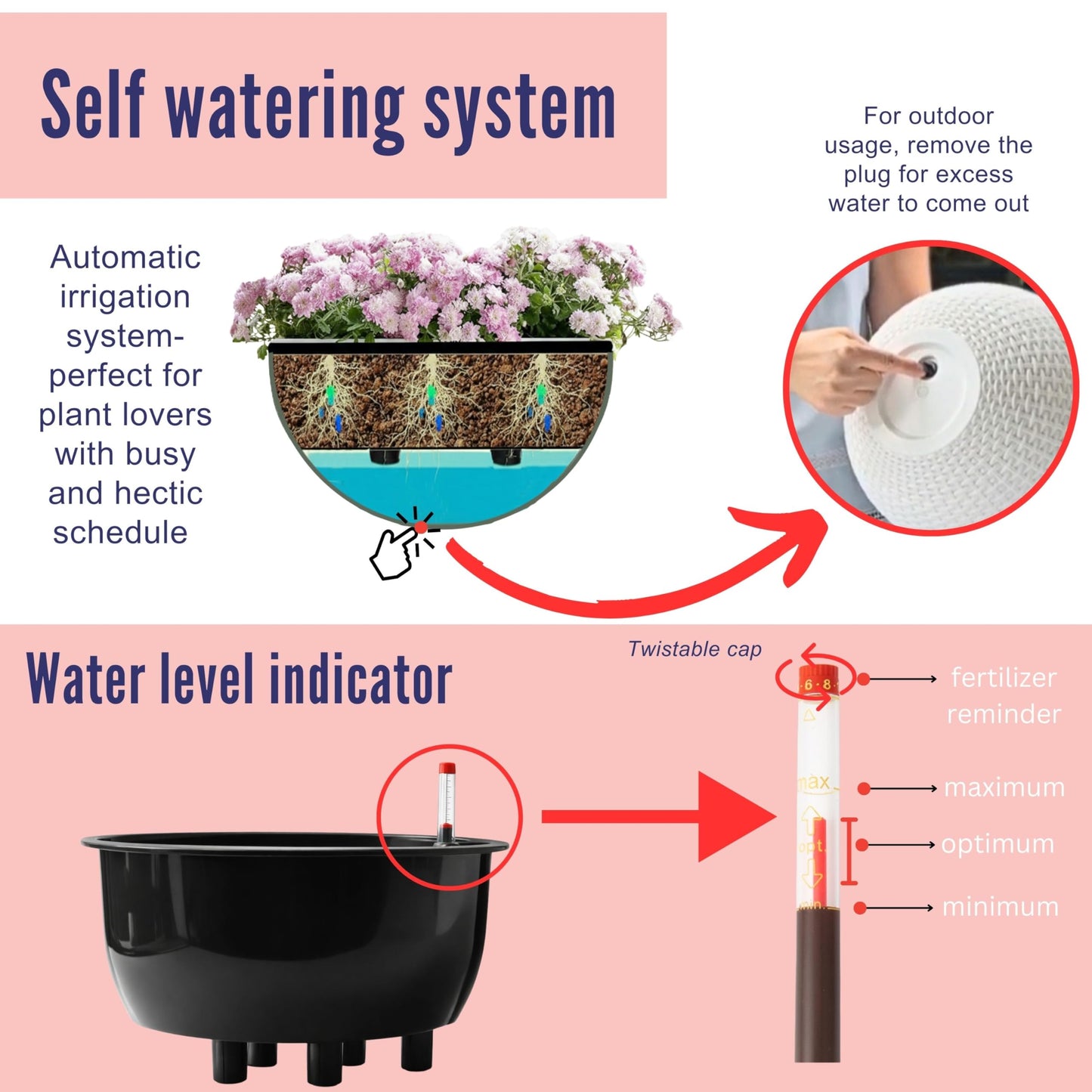 LaLaGreen Bundle- 4 Pack, 11 Inch Self Watering Hanging Basket + 2 Pack, 24 Inch Metal Basket with Coco Liner Wall Mount Fence Rail Planter Round Plastic Flower Pots Balcony Porch Patio Outdoor Garden
