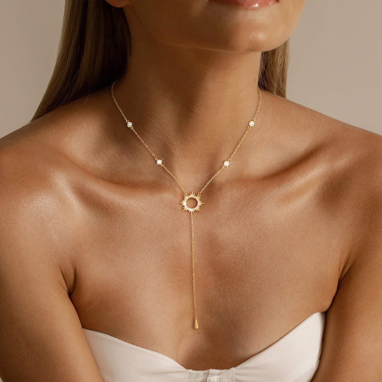 CHESKY 14K Gold Plated Lariat Long Necklace for Women Trendy Layered Y Necklace Dainty CZ Sun Pendant Drop Necklace Sparkle Trendy Jewelry