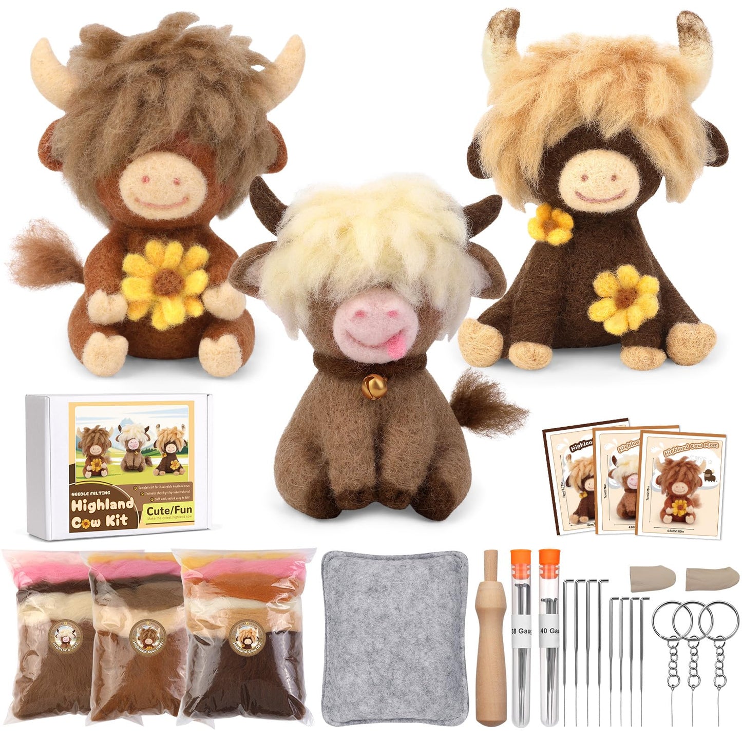 Yizzvb Needle Felting Kit, Highland Cow Family Needle Felting Kits for Beginners Adult with Instruction, Wool, Felting Needles, Felting Pad, Wool Felting Kits for Beginners DIY Home Decoration