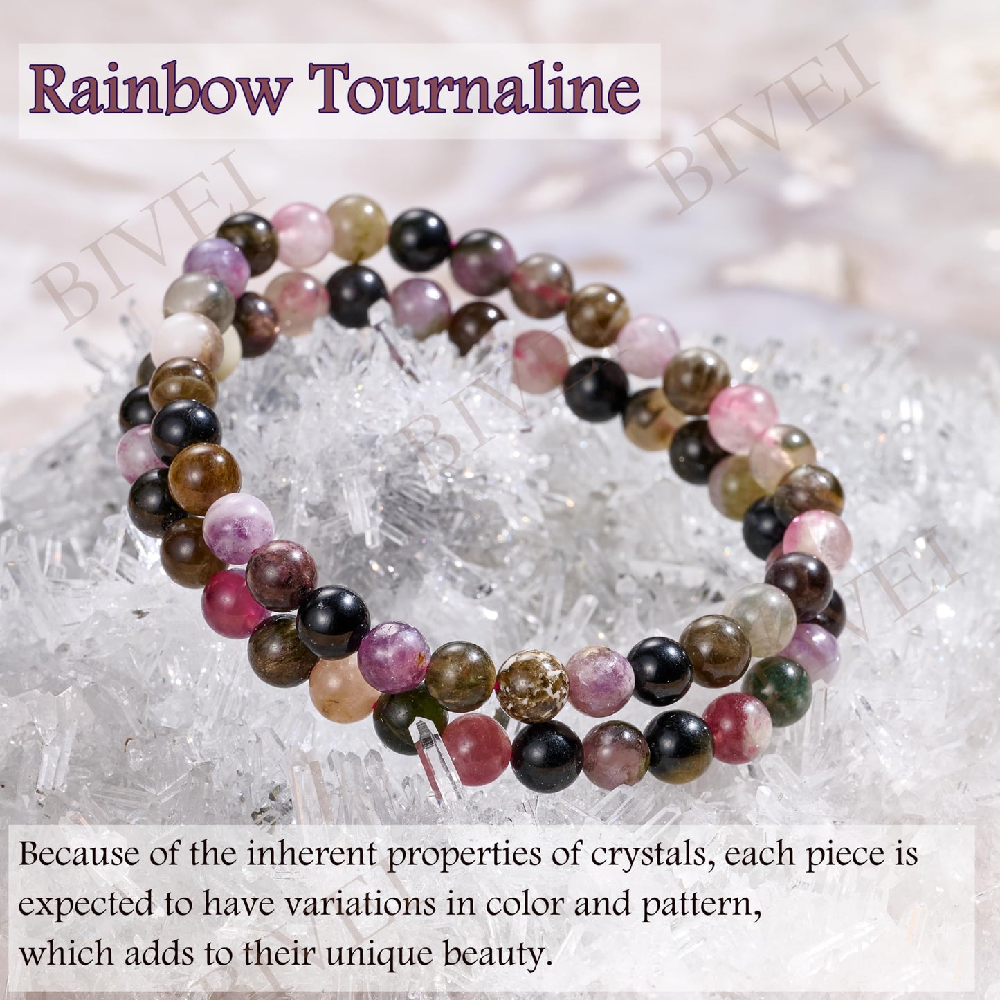 Bivei Rainbow Tournaline - Balance - 6mm Beaded Bracelets for Women Handmade Semi Precious Natural Stone Stretch Elastic Jewelry for Women Yoga Protection Gifts