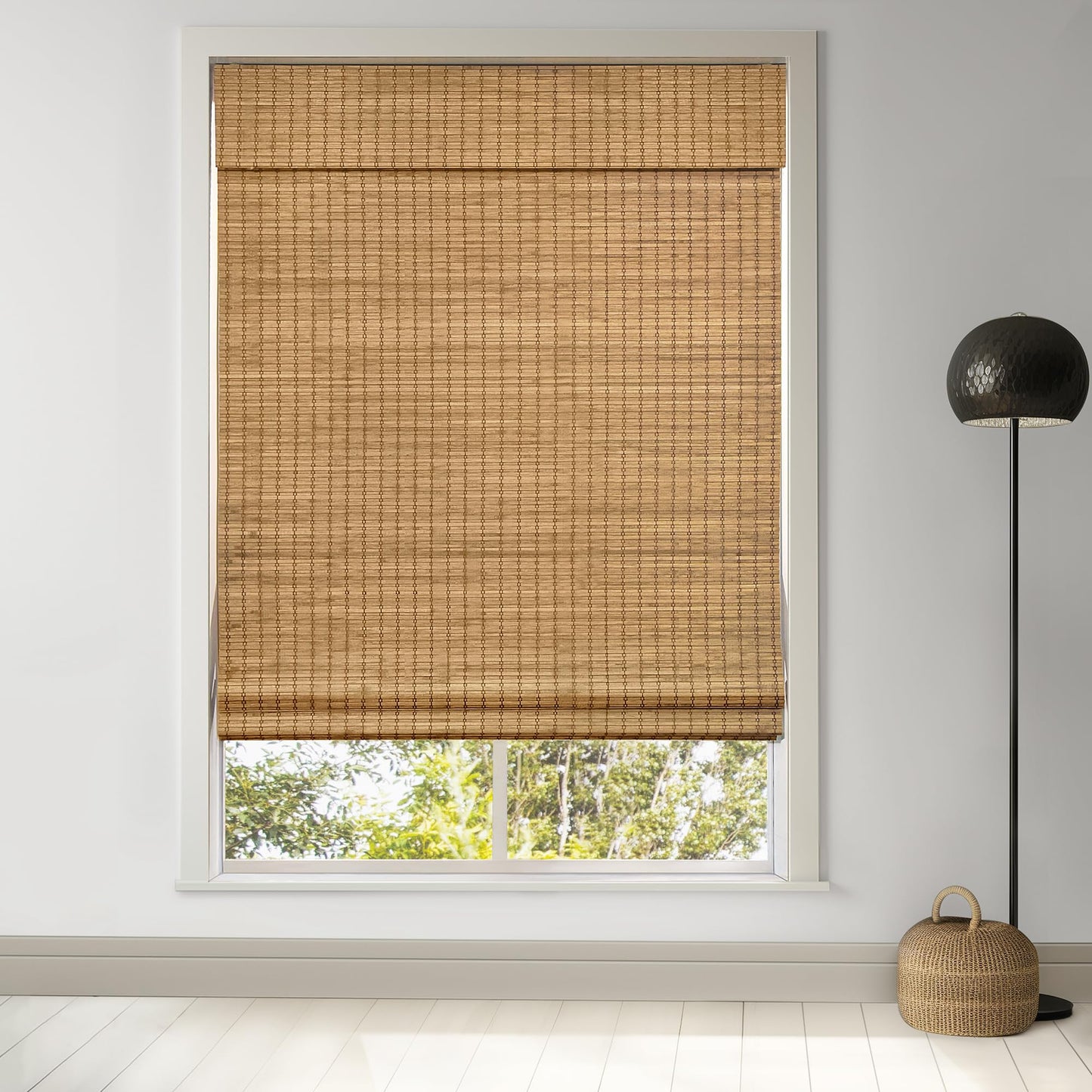 LazBlinds Cordless Bamboo Roman Shades, Privacy Blinds for Interior Windows, Room Darkening Roll Up Bamboo Blinds for Home & Patio, 26.5" W x 48" H, Highfield Teak