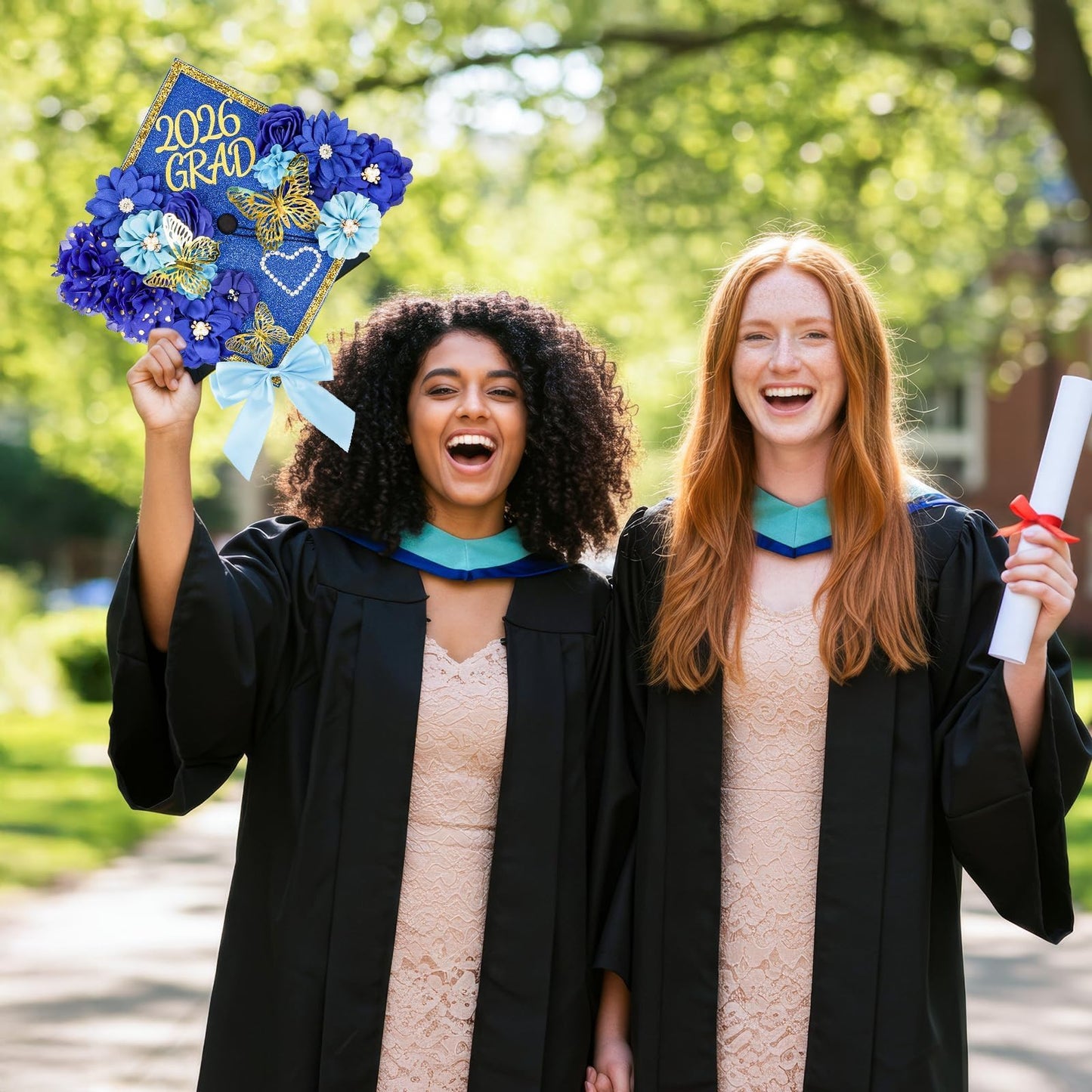 Graduation Cap Decorations Kit 2026 DIY Cap Decorations 36PCS Included Fake Flowers Heads Bow 3D Butterfly Self Adhesive Rhinestones Stickers Alphabet Letter Stickers for Grad Party Decor, Blue