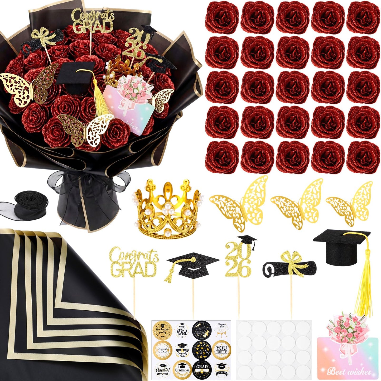 Maysing 48 Pcs Red Glitter Rose Bouquet DIY Kit, Graduation Gifts for Her Class of 2026, Sparkly Artificial Flowers with Crown 3D Butterflies and Cards, Class of 2026 Senior Graduation Bouquet
