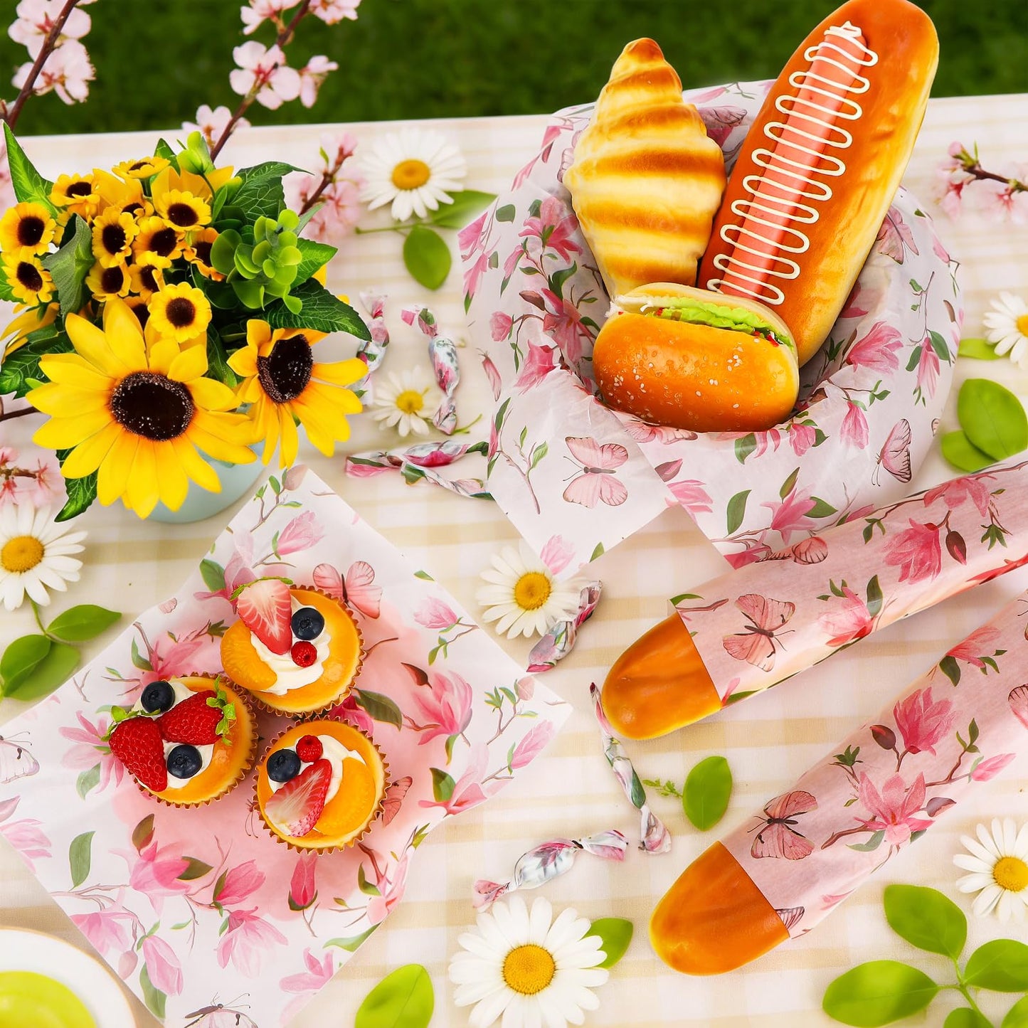 150 Sheets Watercolor Magnolia Butterfly Deli Paper, 9.8 x 8.3in Magnolia Blossom Pattern Grease Resistant Proof Sandwich Wrap Paper Liners Greaseproof for Home Kitchen