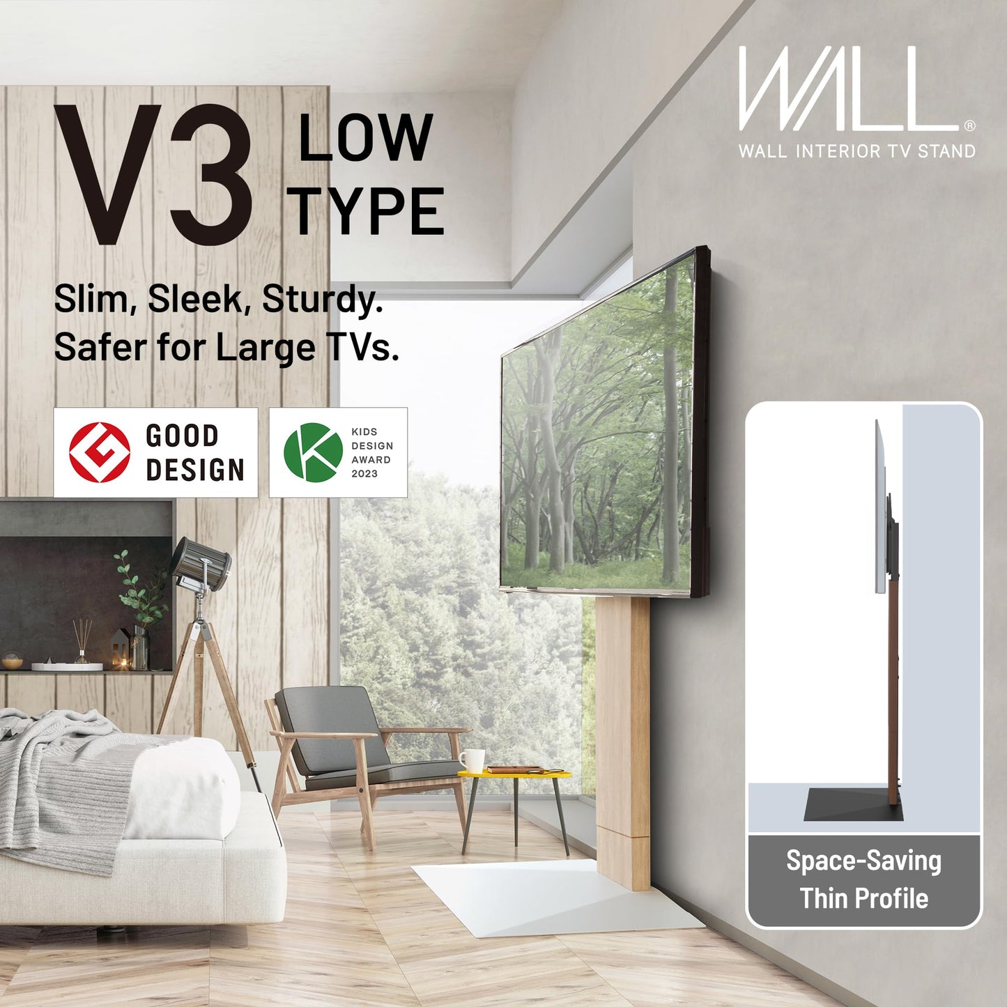 WALL V3 High Type, Sleek Ultra-Thin Free-Standing TV Stand for 32–80" TVs, White Oak, Space-Saving Design, for Living Room and Bedroom, Adjustable Mount, No Drill Setup, Japan-Engineered