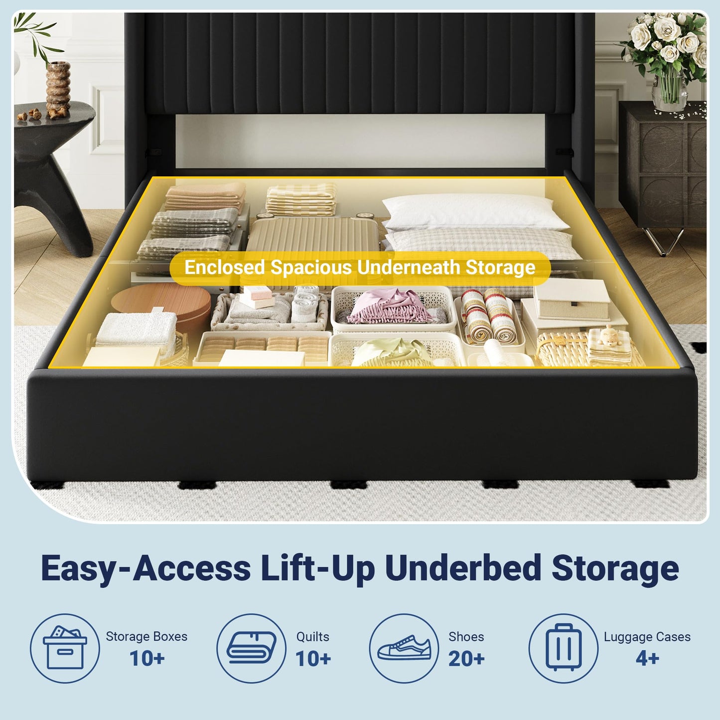 Allewie Queen Size Lift Up Storage Bed Frame, Hydraulic Support System, Upholstered Platform Bed Frame, Underneath Storage, Vertical Channel Tufted Headboard with Wingback, No Box Spring Needed, Black