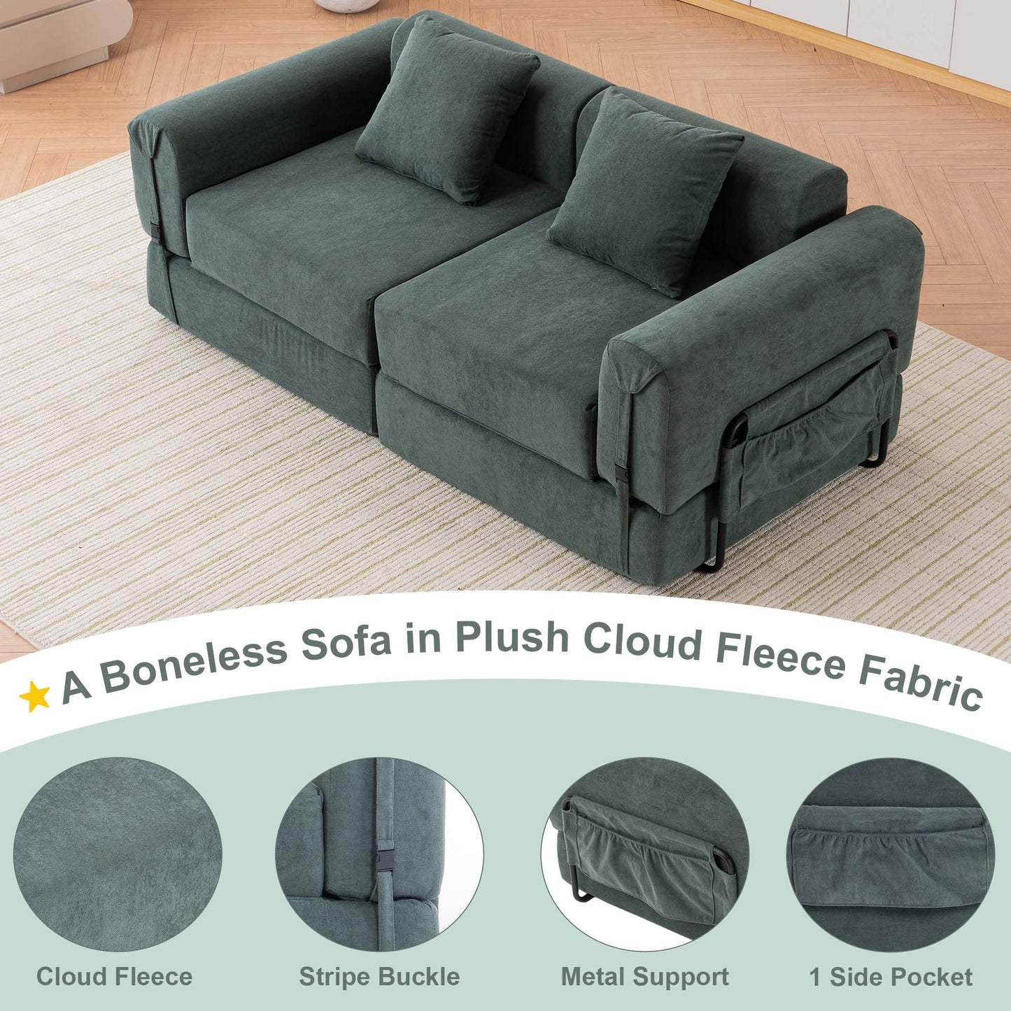 ILCQU Cloud Modular Sectional Sofa, Foldable Floor Couch Bed, Convertible Sleeper Sofa Bed, Fold Out Boneless Couches for Living Room, Office, Guest Room, Apartment (Loveseat, Green)
