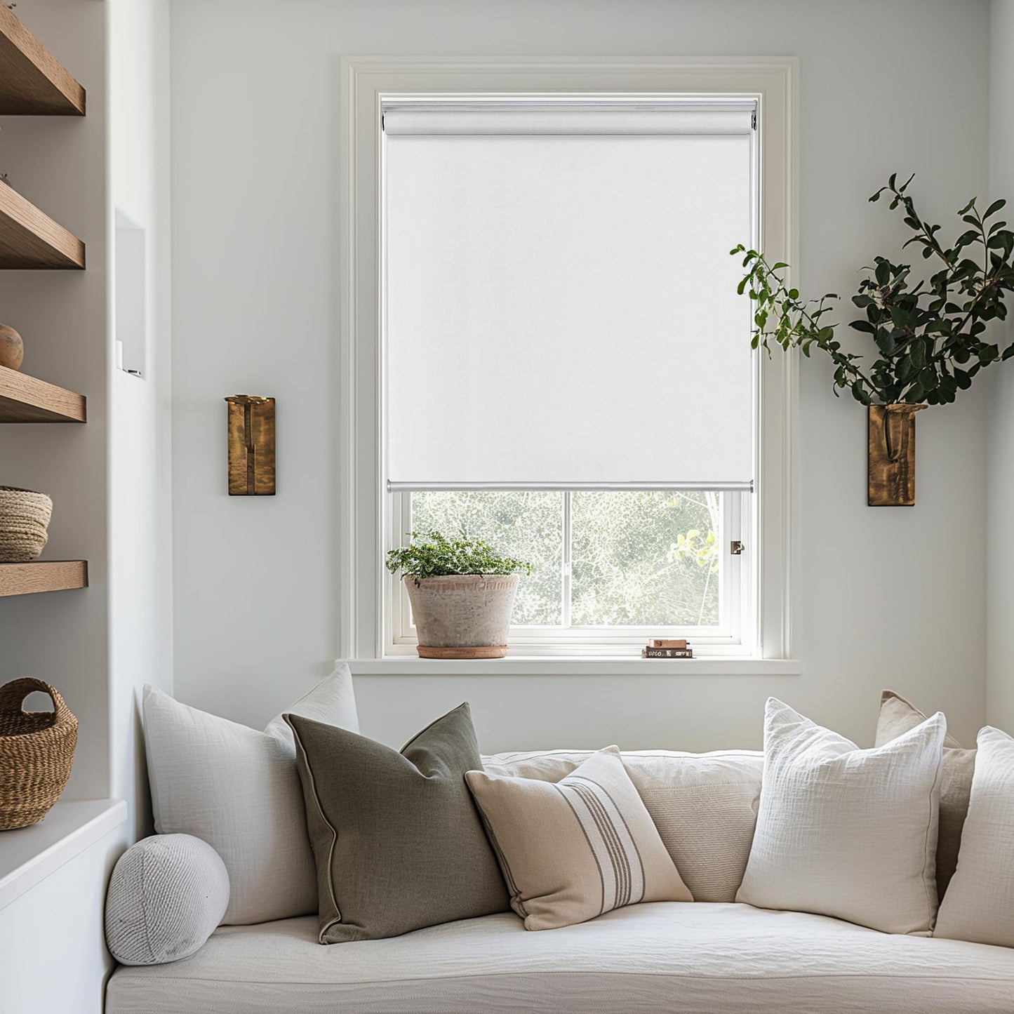 ChrisDowa Cordless 100% Blackout Roller Shade, with Striped Jacquard, Thermal Insulated, UV Protection Fabric, Total Blackout Blinds for Window, French Doors, Home and Office. White, 36" W x 72" H