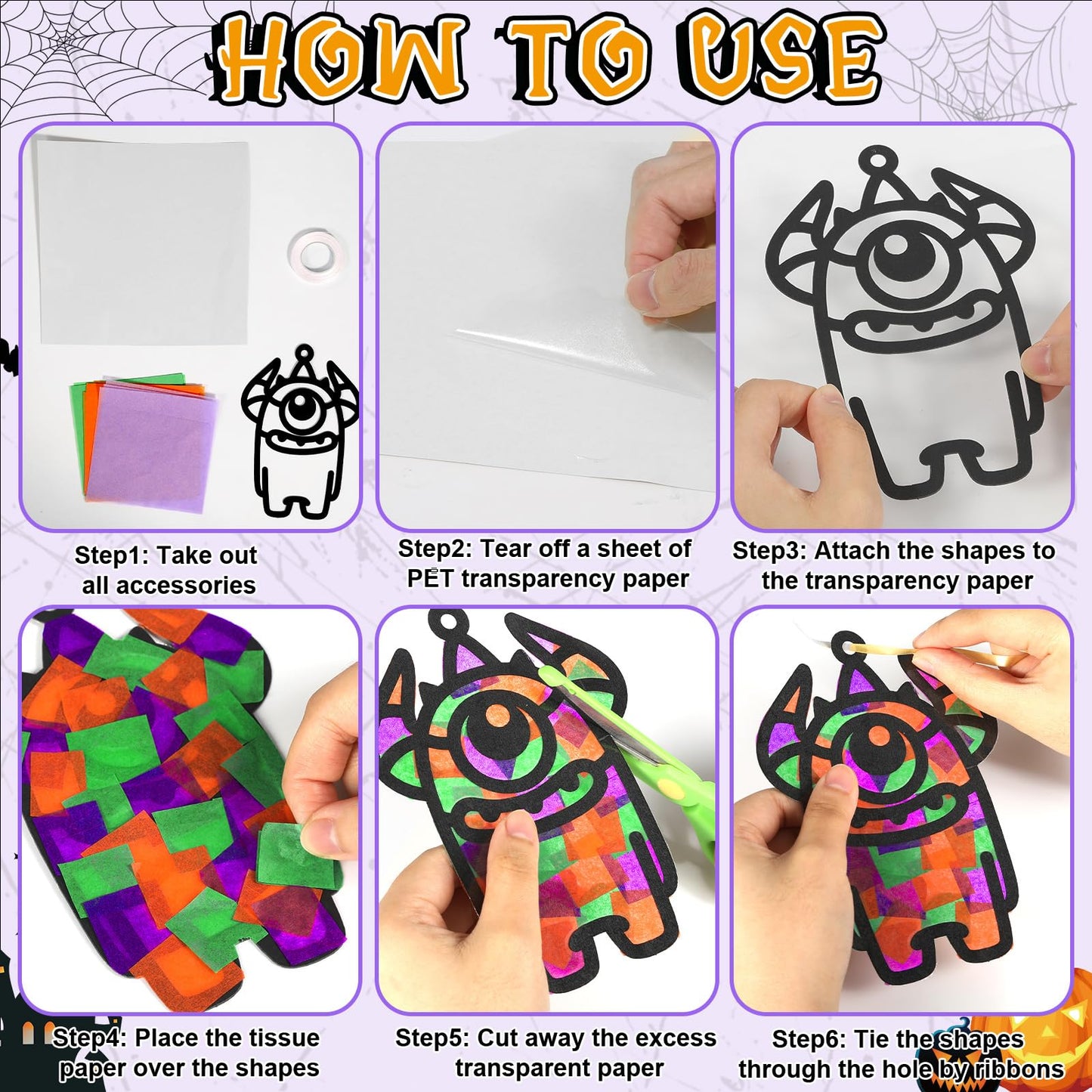 Qyeahkj 36 Set Halloween Monster Suncatchers Crafts for Kids DIY Monster Window Tissue Paper Craft Kit Hanging Decor for School Classroom Activity Art Project Holiday Home Birthday Party Favor Gift