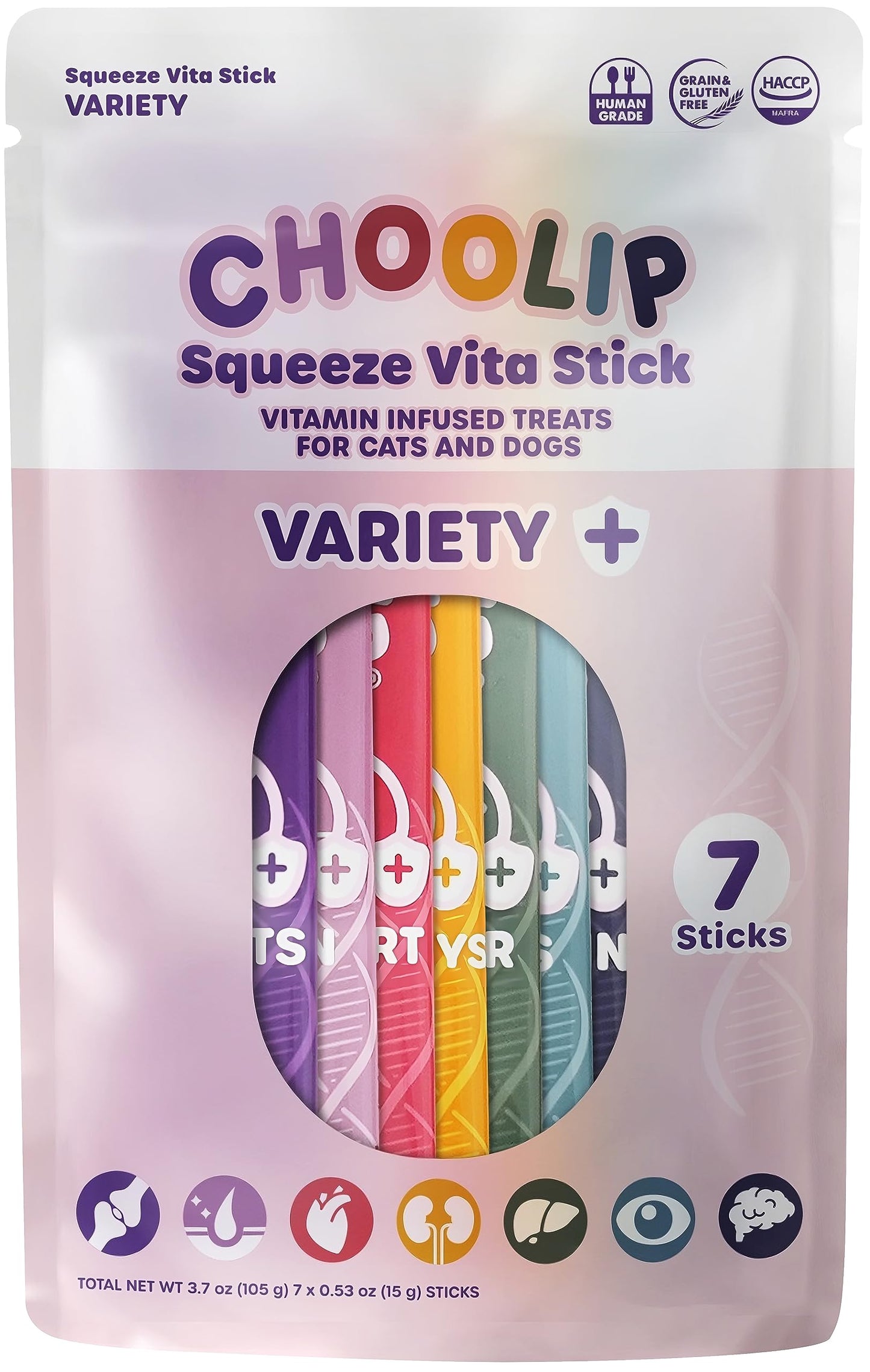 Choolip Squeeze Vita Stick Lickable Cat and Dog Treats – 7-Count Variety Pack – Creamy Puree with Multivitamins for Joints, Skin, Heart, Kidney, Liver, Eyes & Brain – Grain-Free & Vet-Formulated