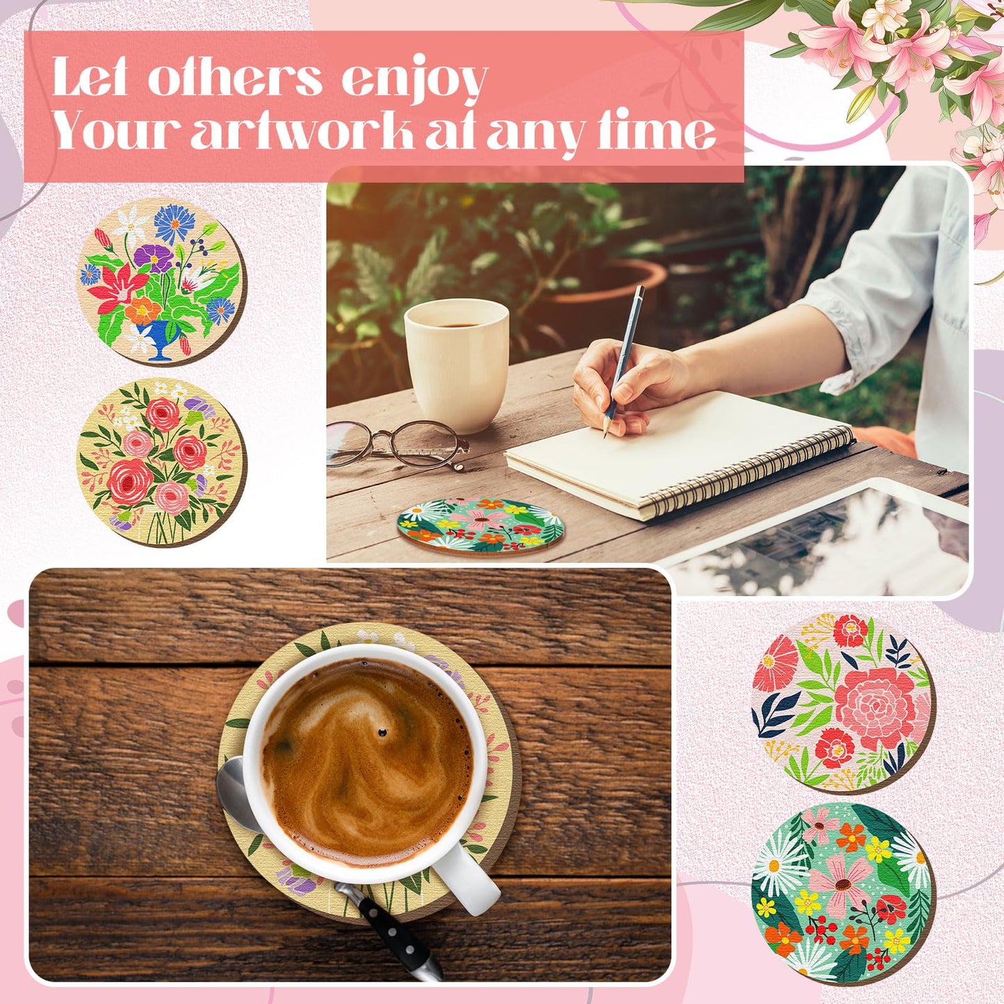 Reallnaive 45 Pcs Flower Wooden Coasters Painting Kit, 4 Inch Paint Your Own Boho Coasters with Markers, Mothers Day Arts and Crafts for Adults Women Seniors Elderly Crafters Gifts