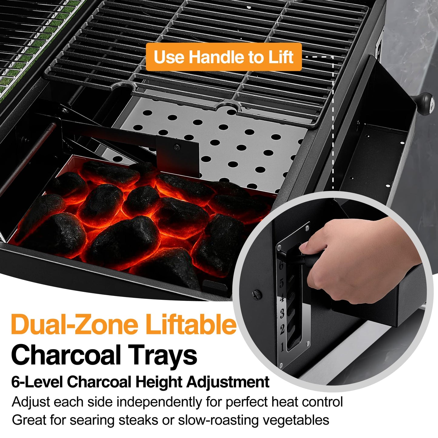 Built-in Charcoal Grill, Large BBQ Grills with Liftable Tray, Insulated Hood & Temp Gauge, Black Stainless Steel Barrel Grill for Outdoor Kitchen, Family BBQ Parties & Patio Use