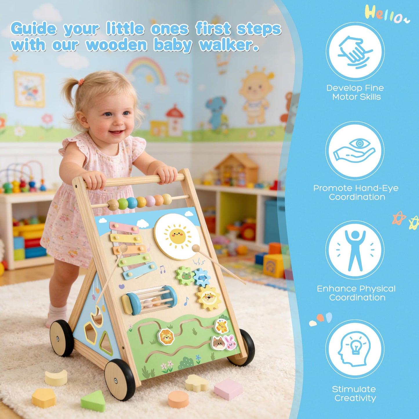 Ranqibo Wooden Baby Walker, Baby Walker with Wheels, Includes Montessori Sensory Toys and Activity Center, 6-18 Months for Boys and Girls