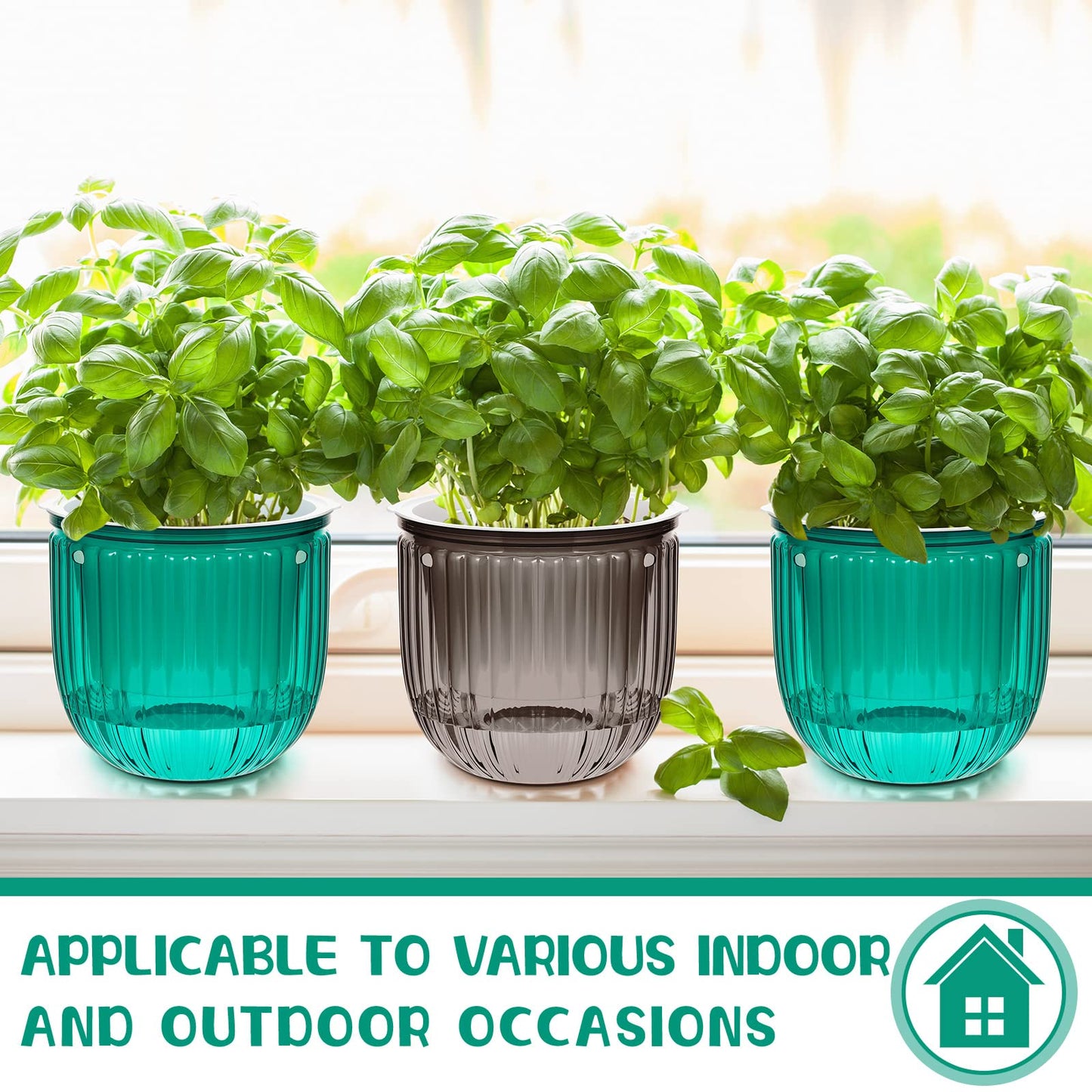 Meanplan 4 Pcs Self Watering Hanging Planter Indoor 6.5 Inch Hanging Baskets for Plants Outdoor Plastic Flower Pot with 3 Hooks Chains Drainage Holes for Garden Home, Medium Size(Emerald, Gray)