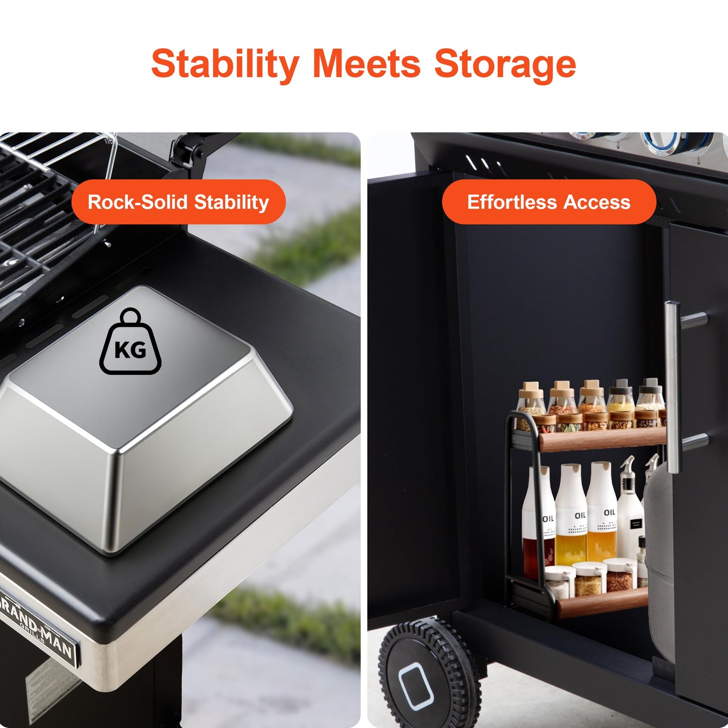 Brand-Man 6-Burner Propane Gas Grill with Infrared Sear Side Burner, Porcelain-Enameled Cast Iron Diamond-Pattern Grates & Griddle, BBQ Station with Storage Cabinet and Side Table for Barbecue