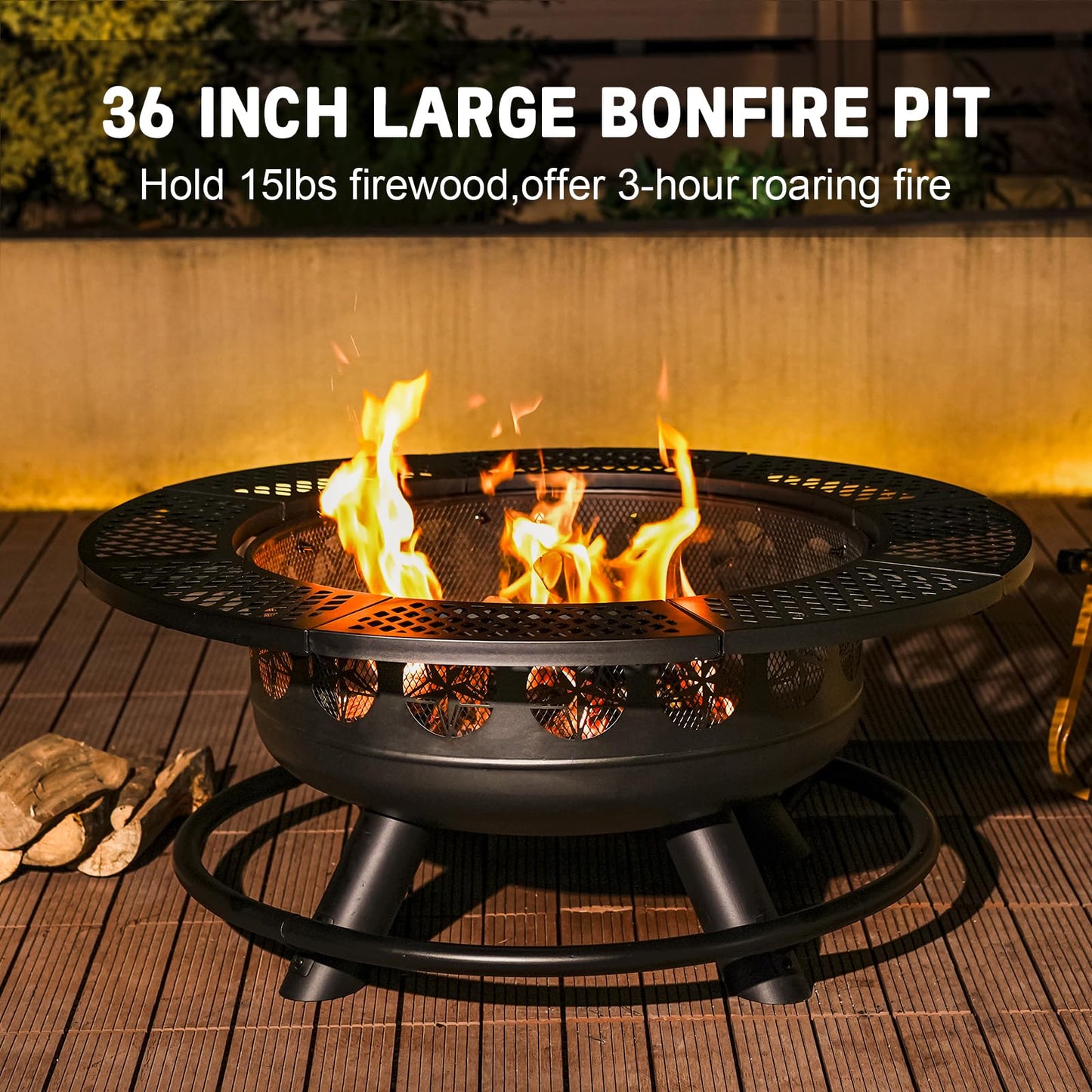 36 Inch Fire Pit with 2 Cooking Grills,Outdoor Wood Burning BBQ Firepit with Lid, 3-in-1 Outdoor Fire Pit for Backyard Deck Bonfire Patio Picnic(Black)