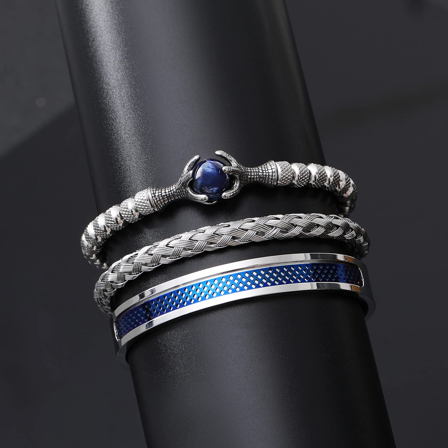 WFYOU 3PCS Stainless Steel Bracelets for Men Gold Roman Numeral Bangle Bracelet Twisted Cable Bracelet Adjustable Cuff Bracelet Mens Luxury Jewelry Bracelets Gifts(L:Blue)