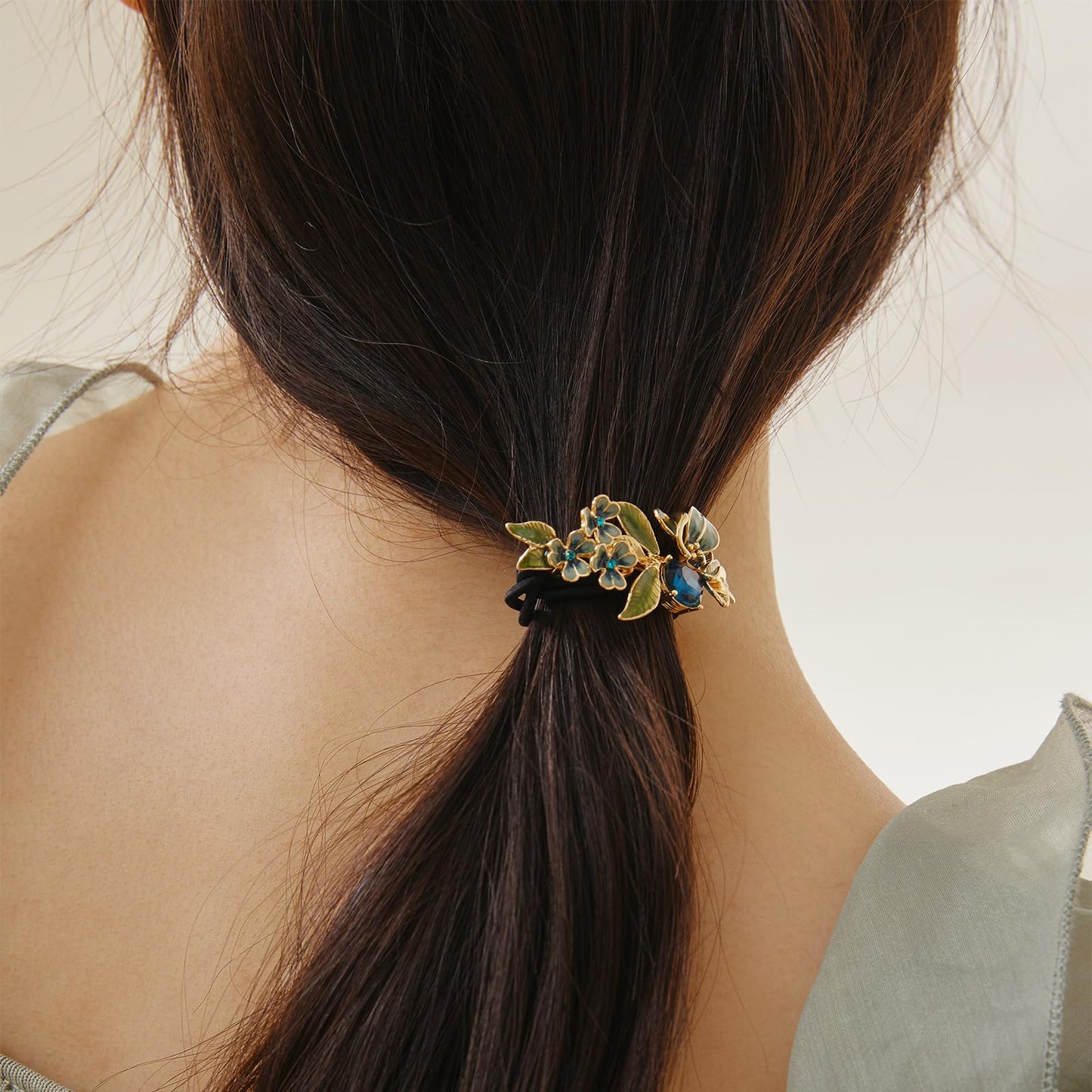SHE'S FREE STYLE JUST FOR YOU Hair Scrunchies Iris Flower Crystal Ponytail Holder, Handmade Enamel Floral Hair Elastics for Women, Double Band Hair Ties for Girls Hair Accessory (Blue)
